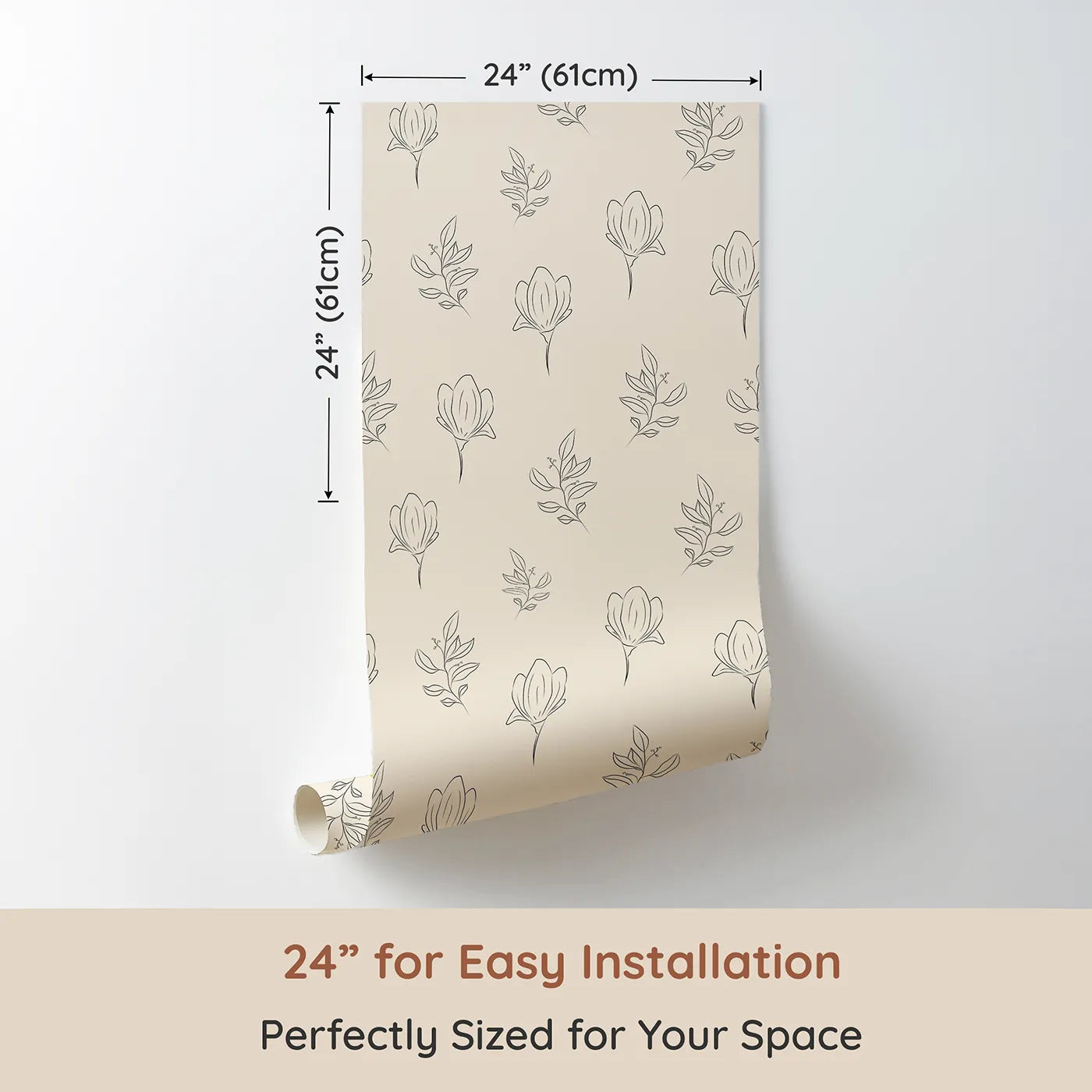 Dimension view of Whimsy Tots Petal Outline Grace Wallpaper in Sand (W3406C). Printed in 24-inch-wide panel for easy installation. Delicate floral outlines bloom gently on a warm sand background.