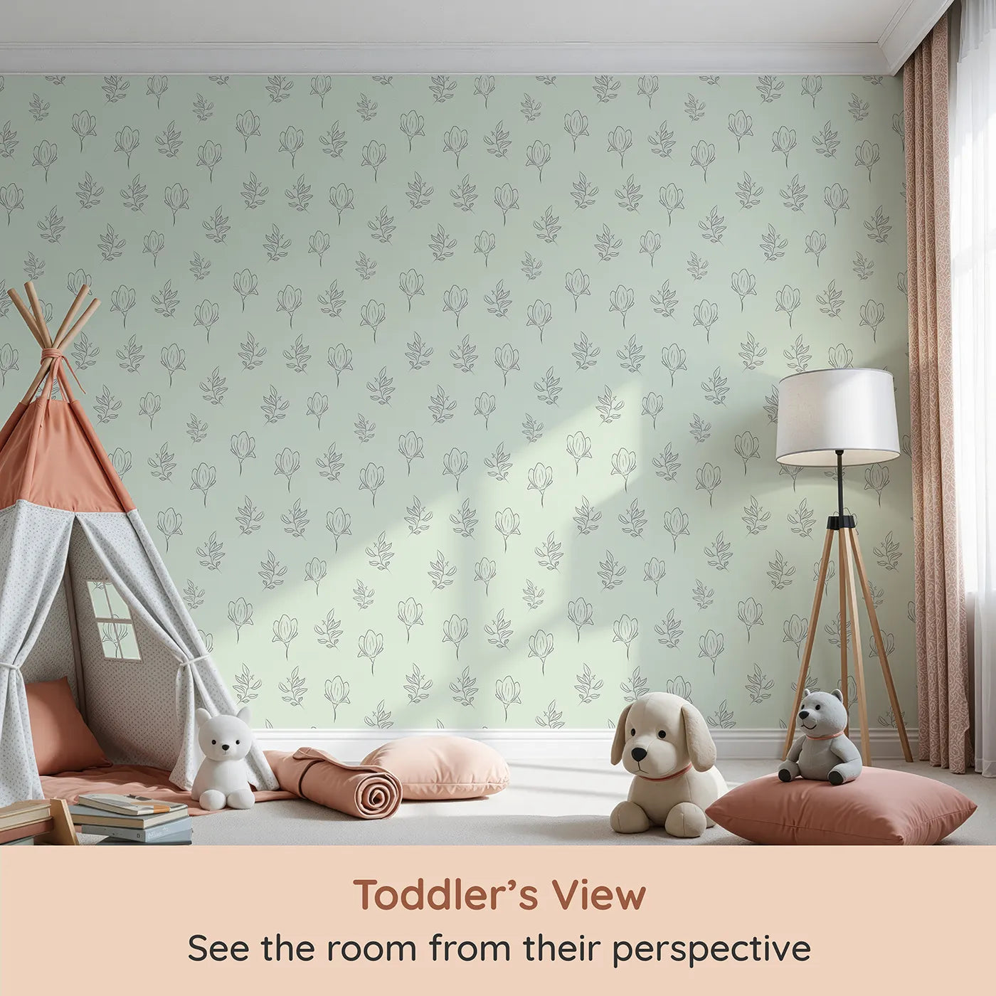 Whimsy Tots Petal Outline Grace Wallpaper in Mint Green (W3406D) from your child's view.Elegant floral sketches drift across a light minty sky.