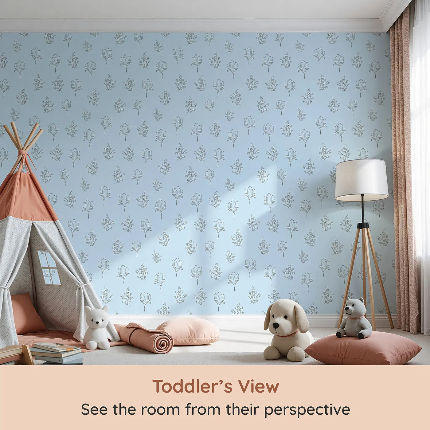 Whimsy Tots Petal Outline Grace Wallpaper in Blue (W3406E) from your child's view.Elegant black florals bloom across a soft powder blue sky.