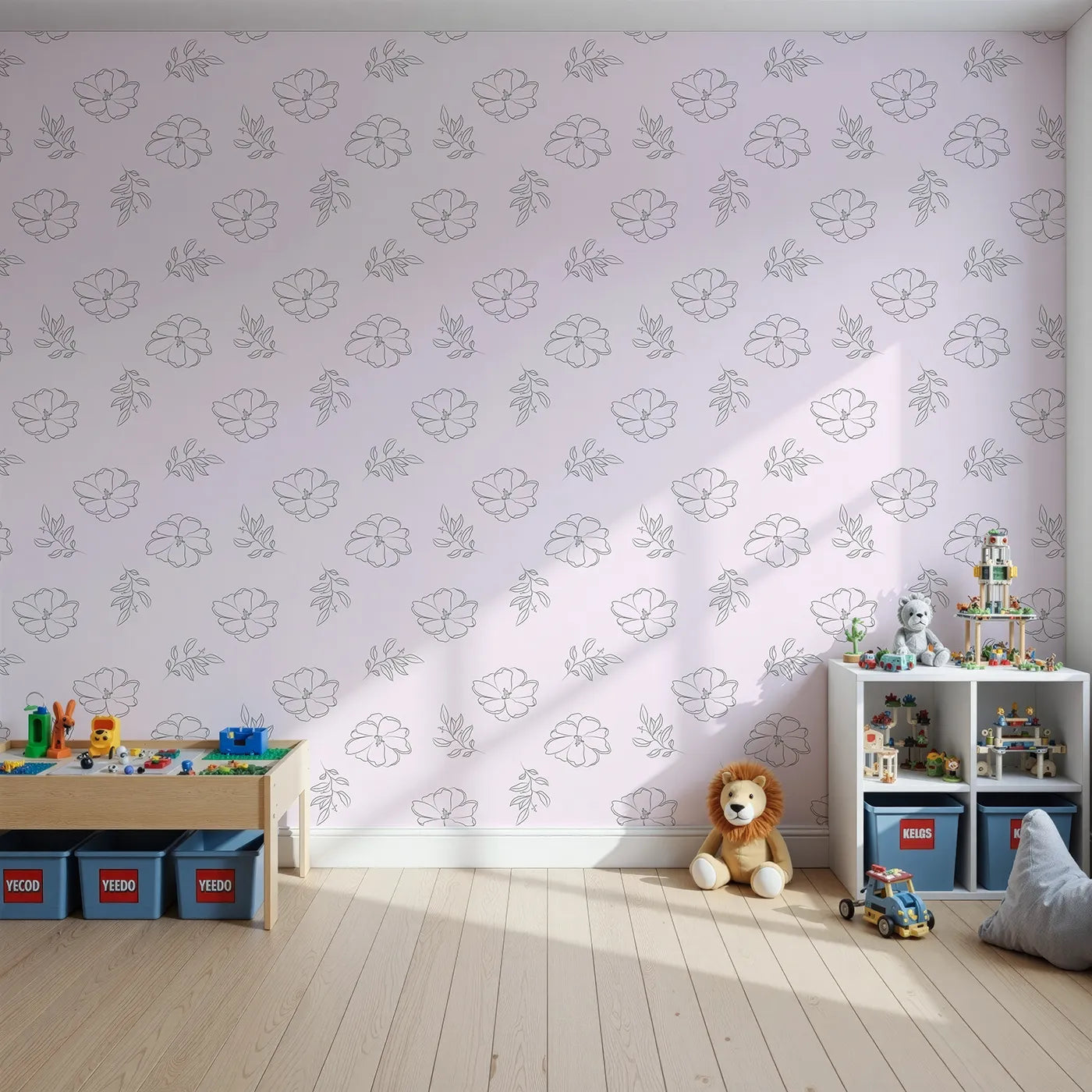 Front view of Whimsy Tots' Petal Bloom Grace Wallpaper in Blush Pink