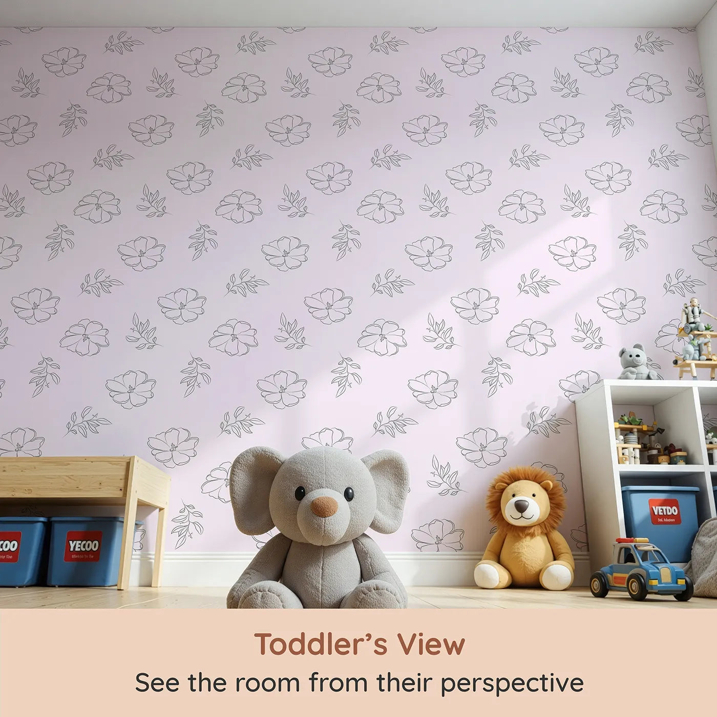 Whimsy Tots Petal Bloom Grace Wallpaper in Blush Pink (W3408B) from your child's view.Large sketched florals blossom gently across a warm blush sky.