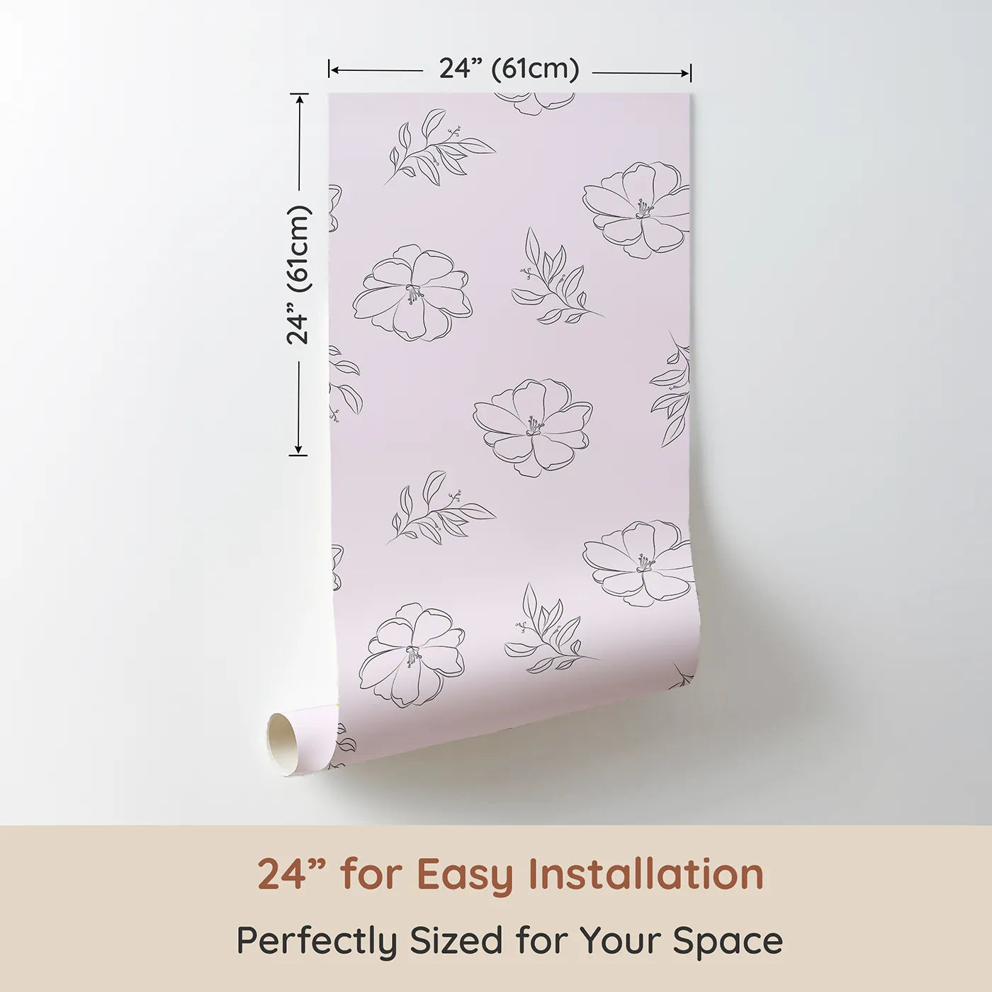 Dimension view of Whimsy Tots Petal Bloom Grace Wallpaper in Blush Pink (W3408B). Printed in 24-inch-wide panel for easy installation. Large sketched florals blossom gently across a warm blush sky.