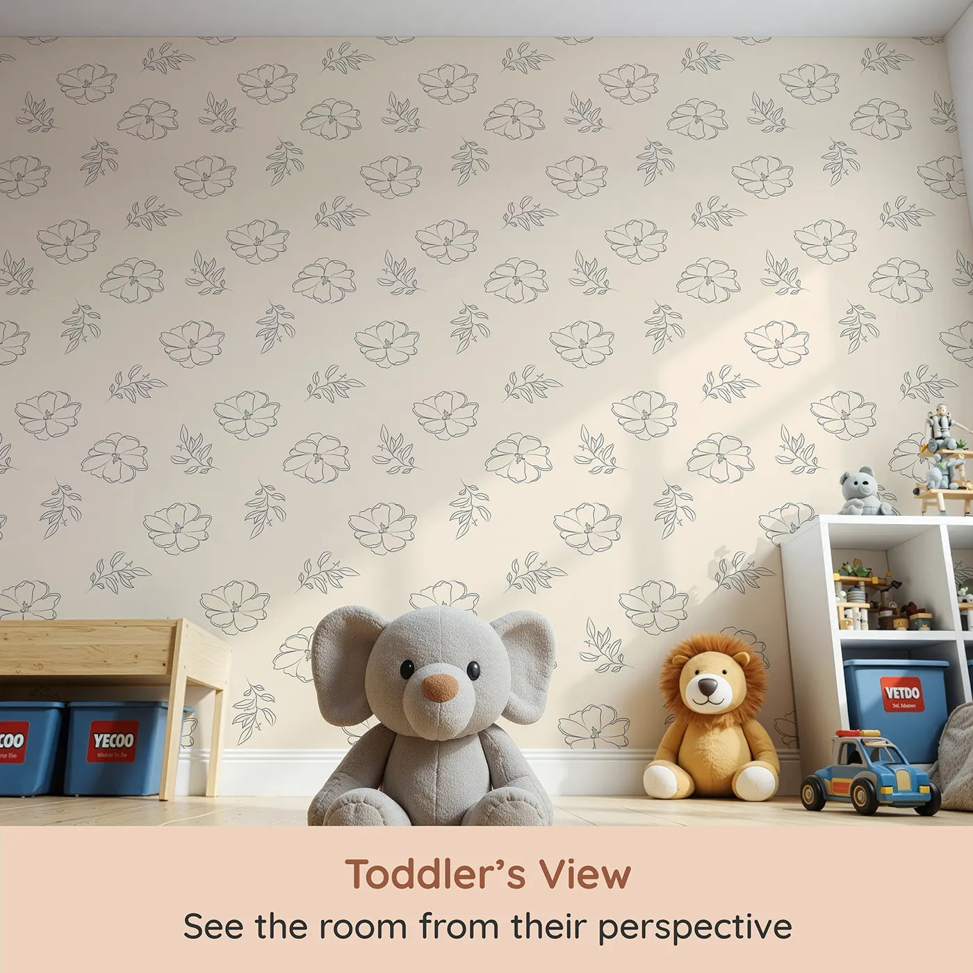 Whimsy Tots Petal Bloom Grace Wallpaper in Sand (W3408C) from your child's view.Graceful linework florals bloom softly across a sandy beige sky.