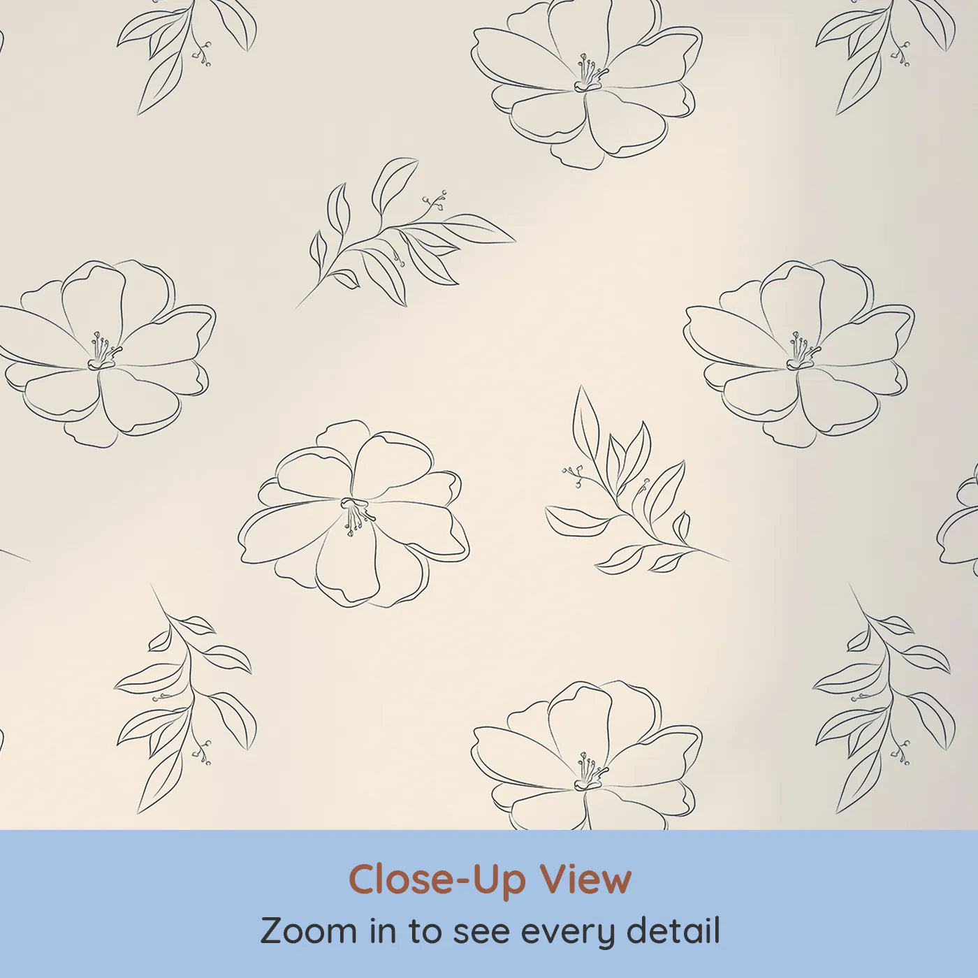 Close-up view of Whimsy Tots' Petal Bloom Grace Wallpaper in Sand (W3408C).Graceful linework florals bloom softly across a sandy beige sky.
