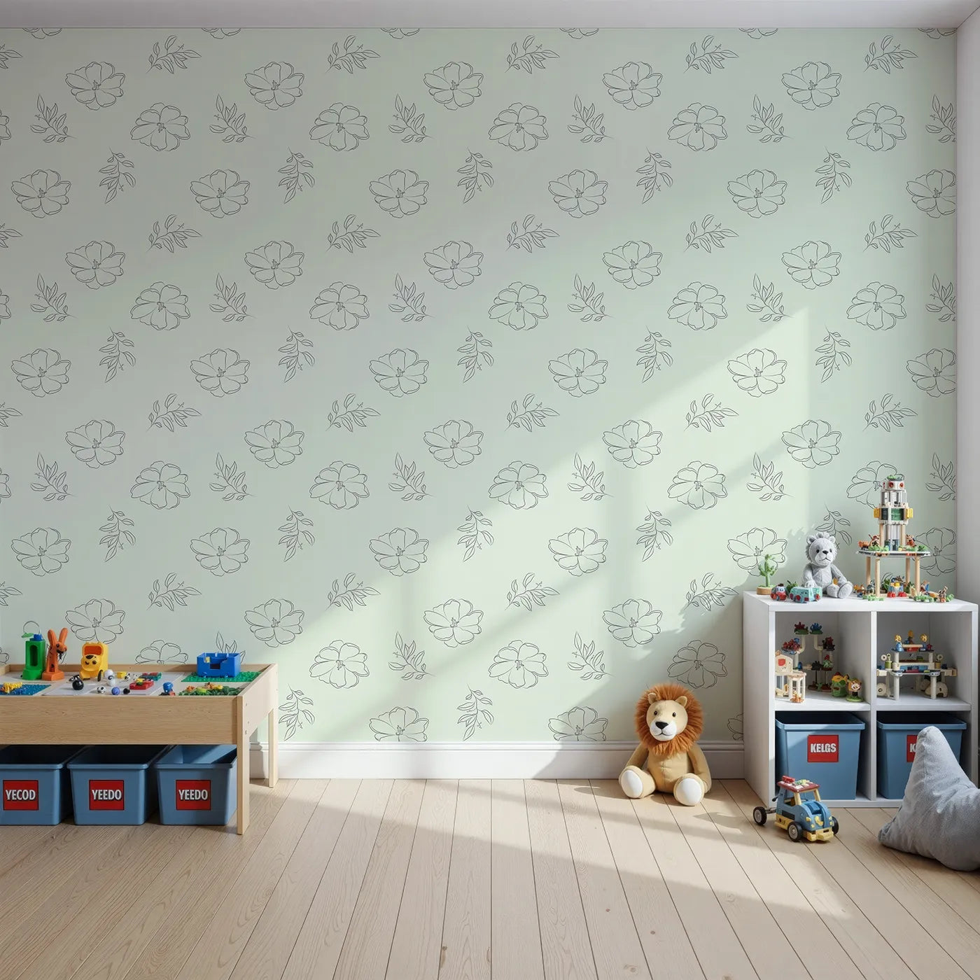 Front view of Whimsy Tots' Petal Bloom Grace Wallpaper in Mint Green