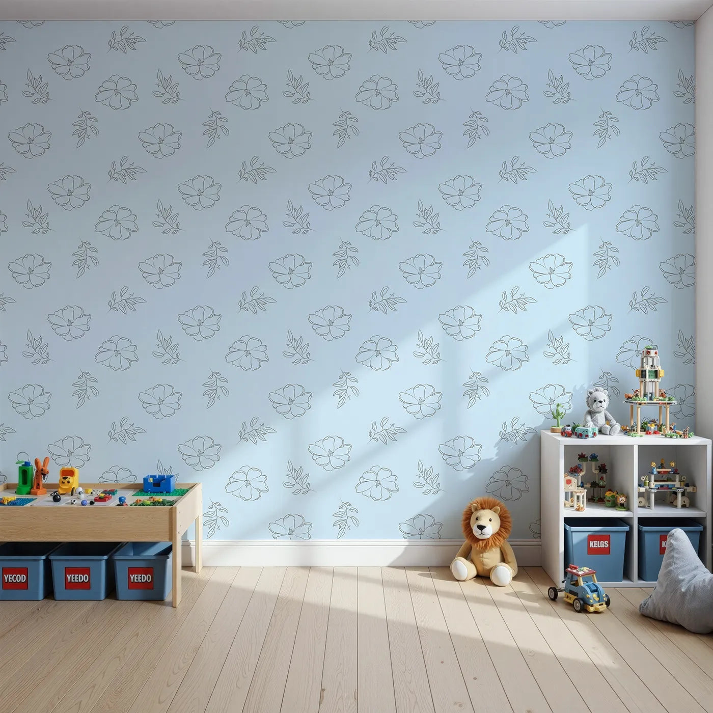 Front view of Whimsy Tots' Petal Bloom Grace Wallpaper in Blue