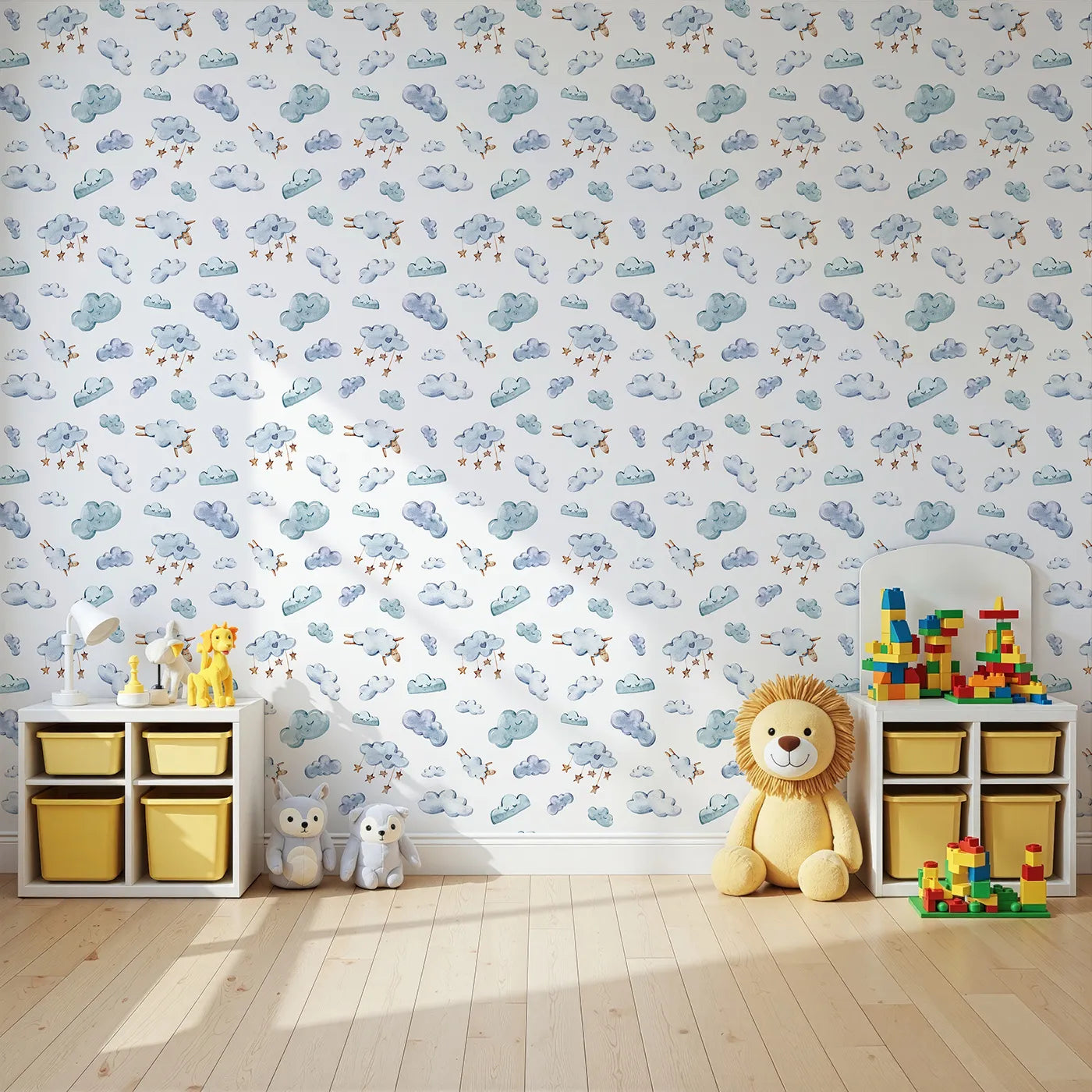 Angled view of Whimsy Tots' Cloudy Dreams Parade Wallpaper in White (W3409A).Soft clouds and dreamy sheep drift gently across a calm white sky.