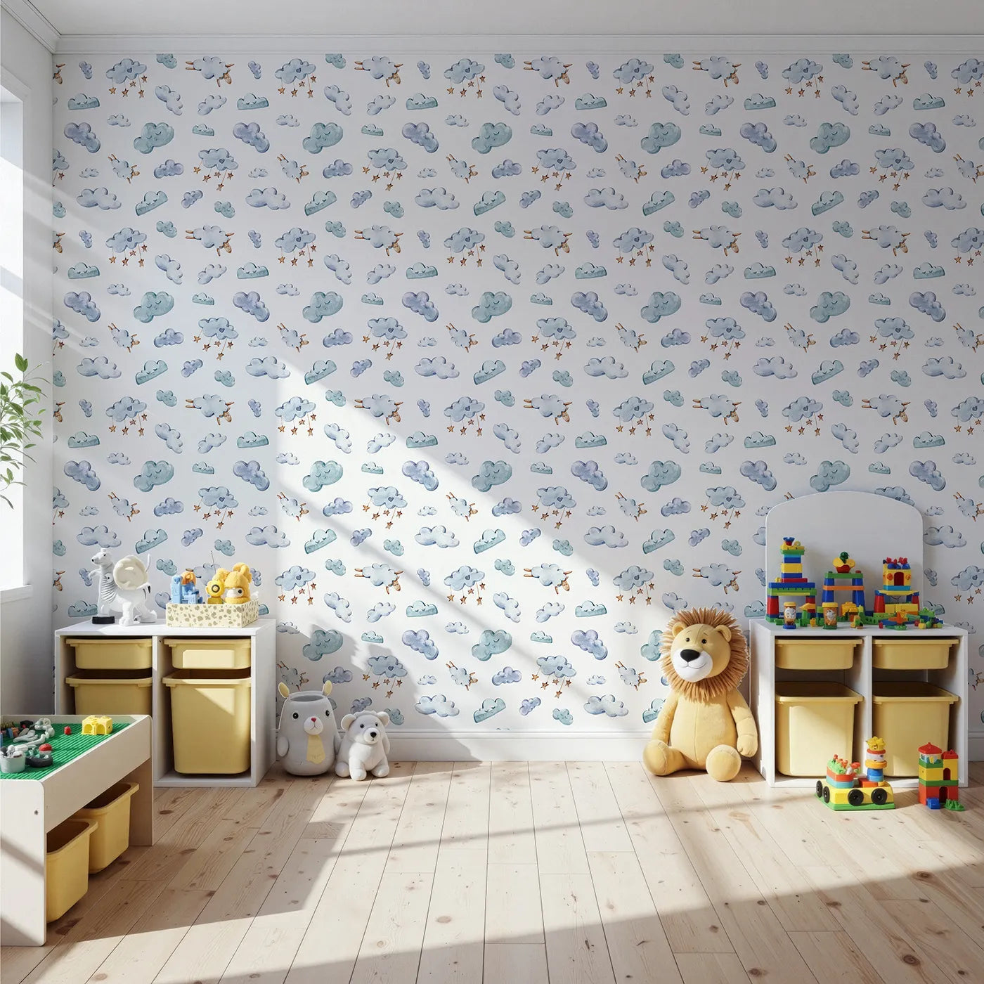 Front view of Whimsy Tots' Cloudy Dreams Parade Wallpaper in White