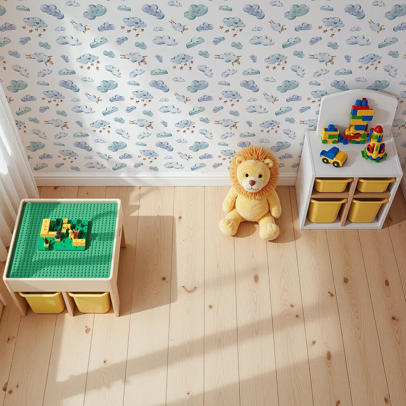 Top-Down view of Whimsy Tots' Cloudy Dreams Parade Wallpaper in White (W3409A).Soft clouds and dreamy sheep drift gently across a calm white sky.