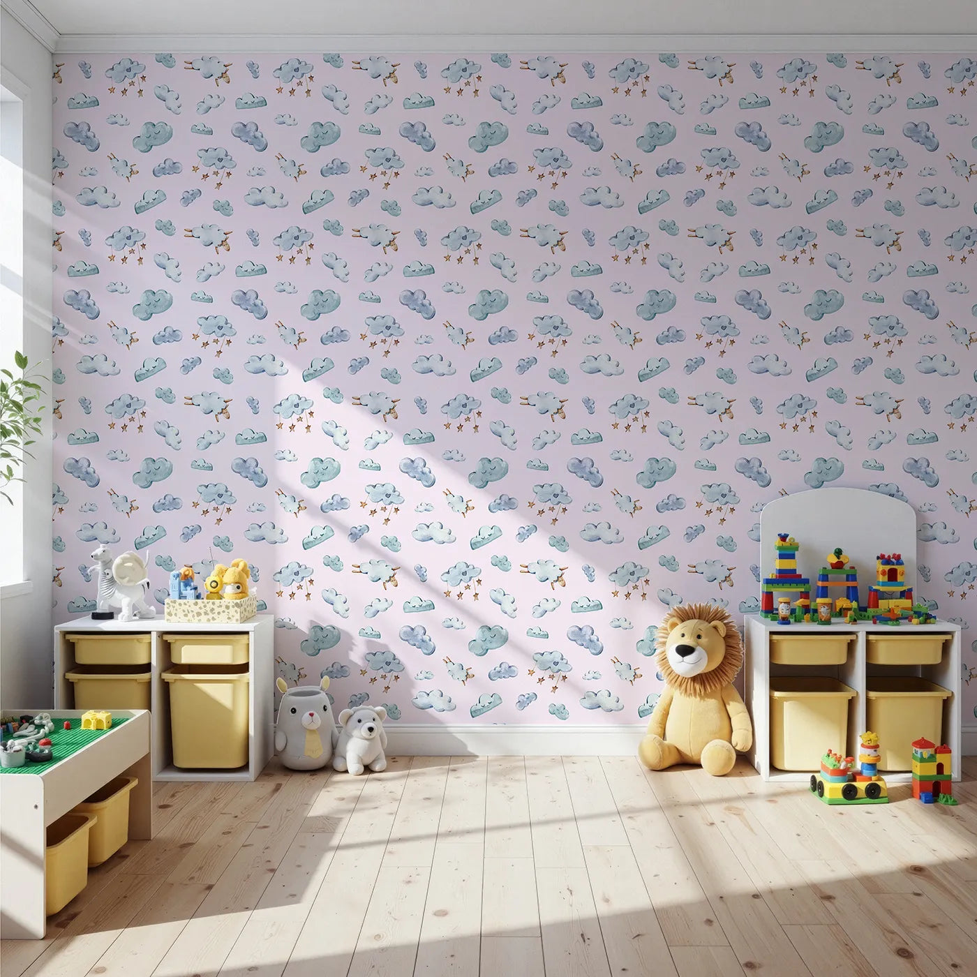Front view of Whimsy Tots' Cloudy Dreams Parade Wallpaper in Blush Pink