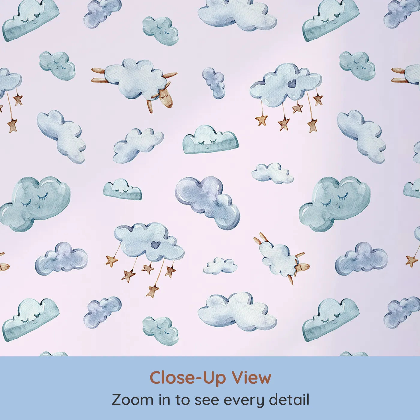 Close-up view of Whimsy Tots' Cloudy Dreams Parade Wallpaper in Blush Pink (W3409B).Soft clouds, floating stars, and gentle sheep drift across a blush pink sky.