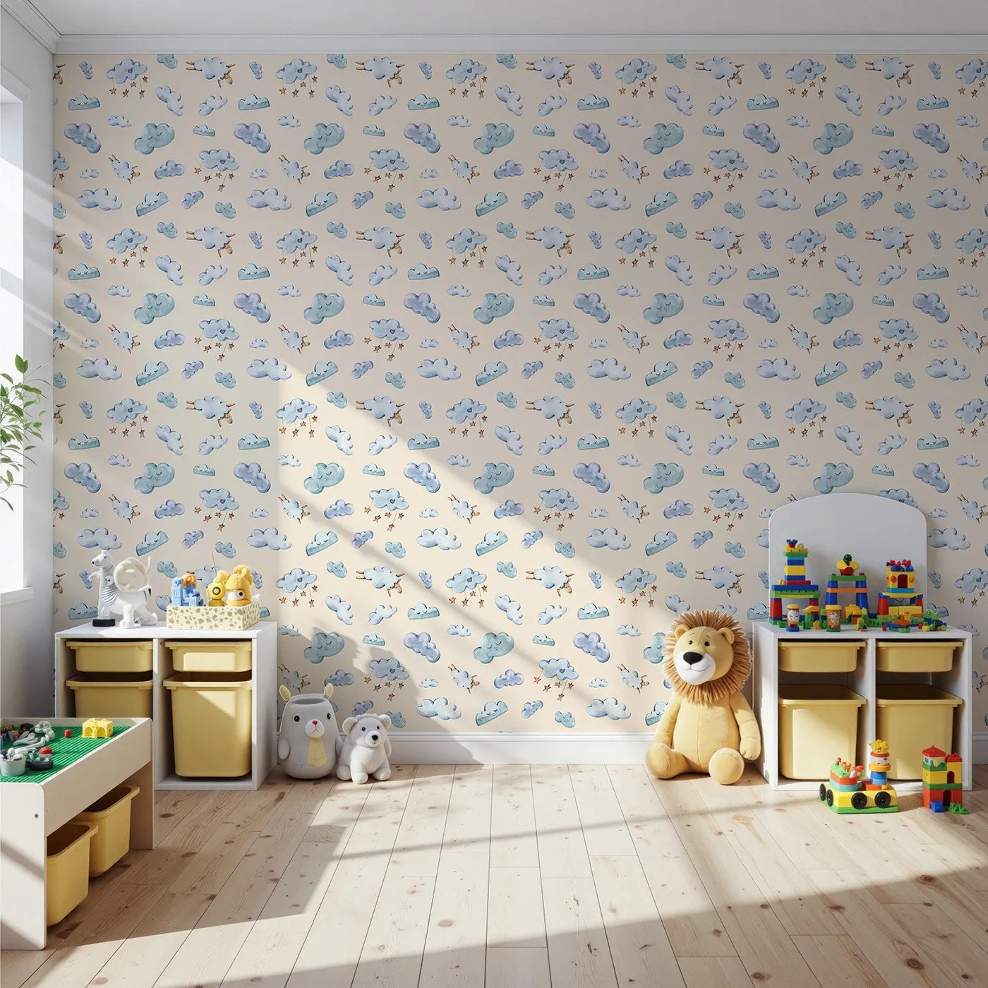 Front view of Whimsy Tots' Cloudy Dreams Parade Wallpaper in Sand