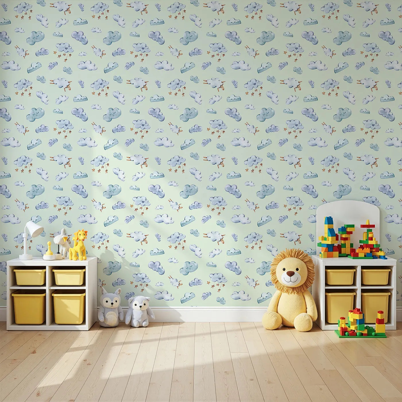 Angled view of Whimsy Tots' Cloudy Dreams Parade Wallpaper in Mint Green (W3409D).Watercolor clouds and drifting sheep float gently across a soft mint green sky.