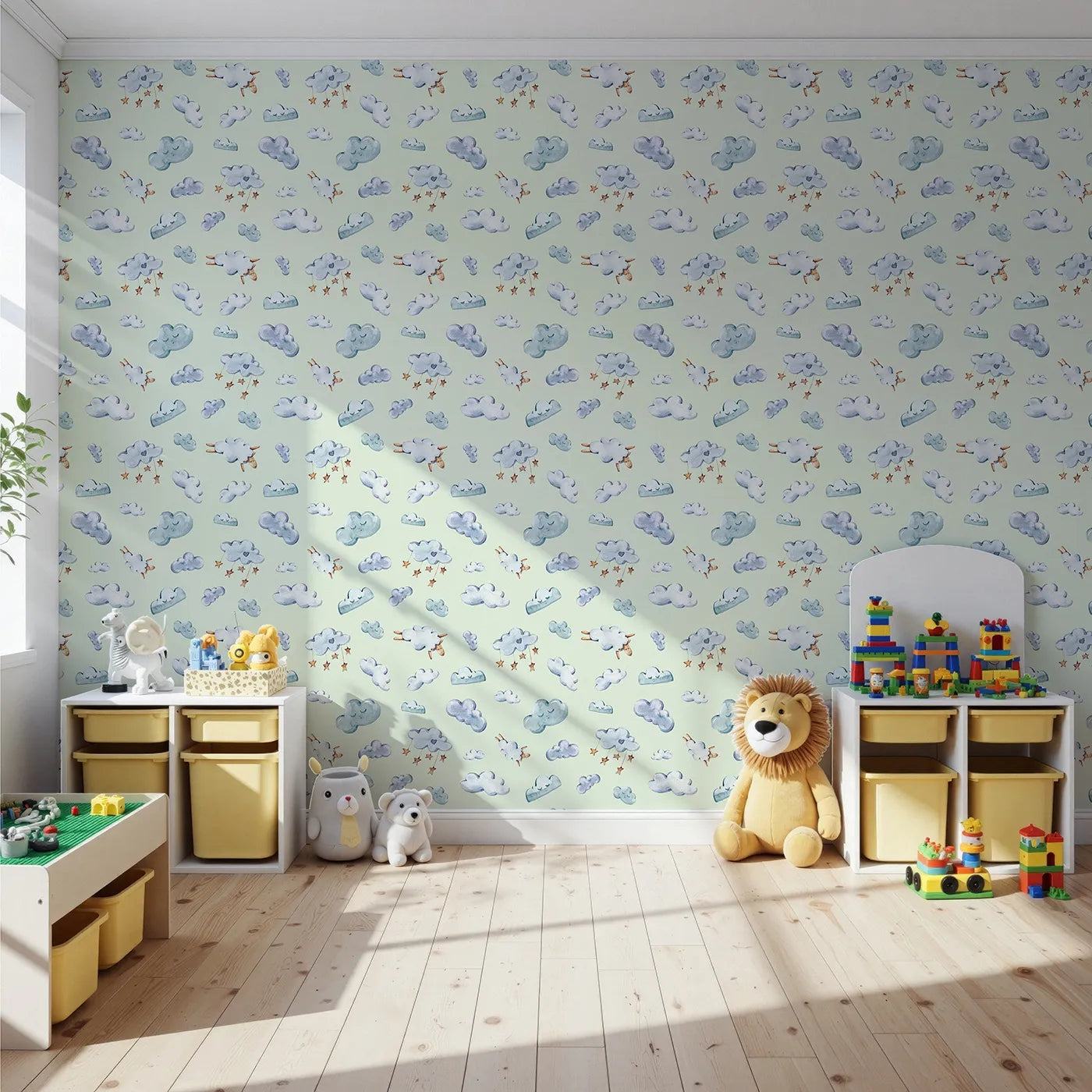 Front view of Whimsy Tots' Cloudy Dreams Parade Wallpaper in Mint Green
