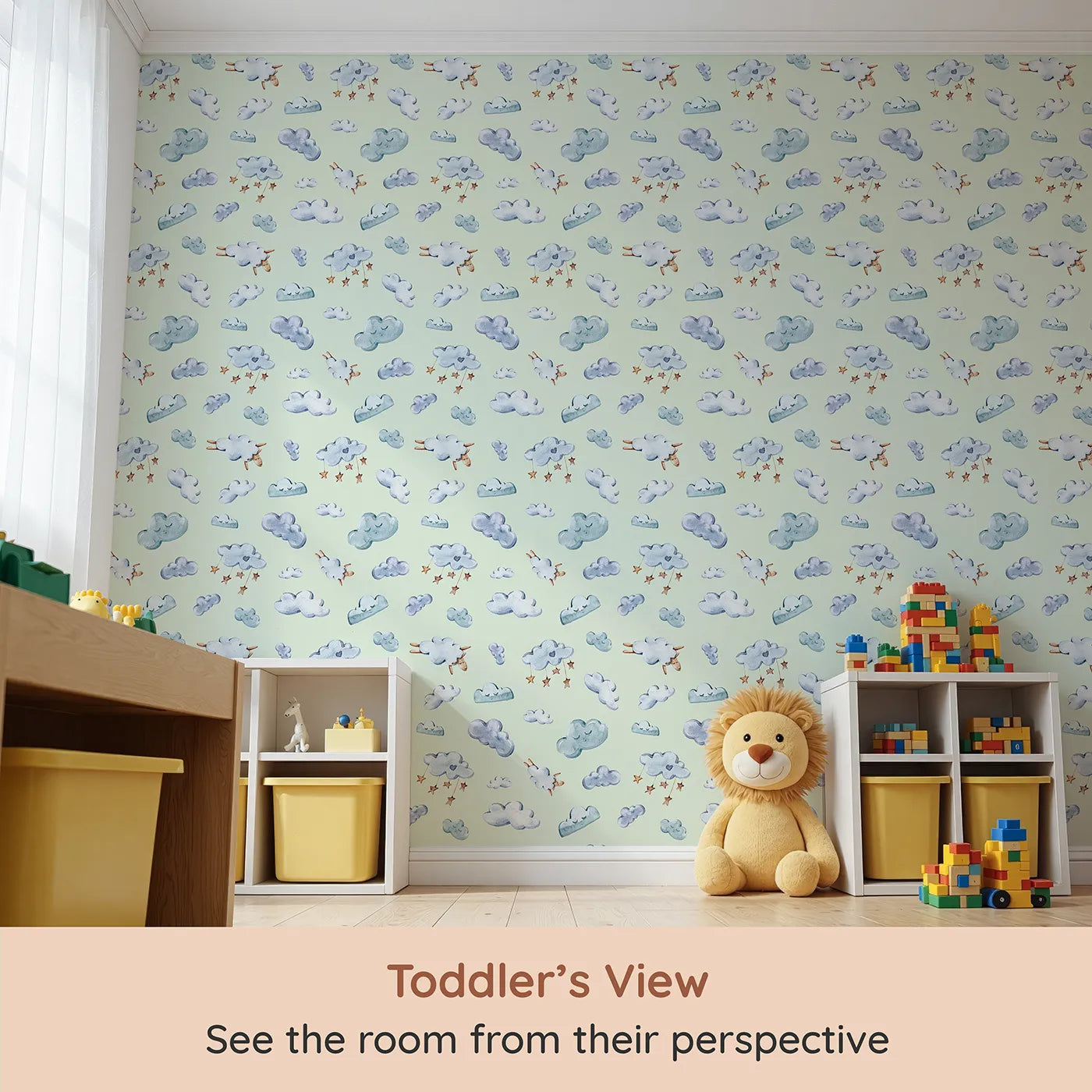 Whimsy Tots Cloudy Dreams Parade Wallpaper in Mint Green (W3409D) from your child's view.Watercolor clouds and drifting sheep float gently across a soft mint green sky.