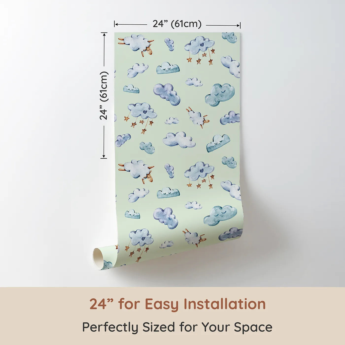 Dimension view of Whimsy Tots Cloudy Dreams Parade Wallpaper in Mint Green (W3409D). Printed in 24-inch-wide panel for easy installation. Watercolor clouds and drifting sheep float gently across a soft mint green sky.