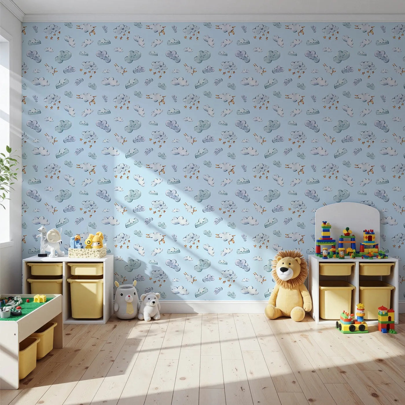 Front view of Whimsy Tots' Cloudy Dreams Parade Wallpaper in Blue