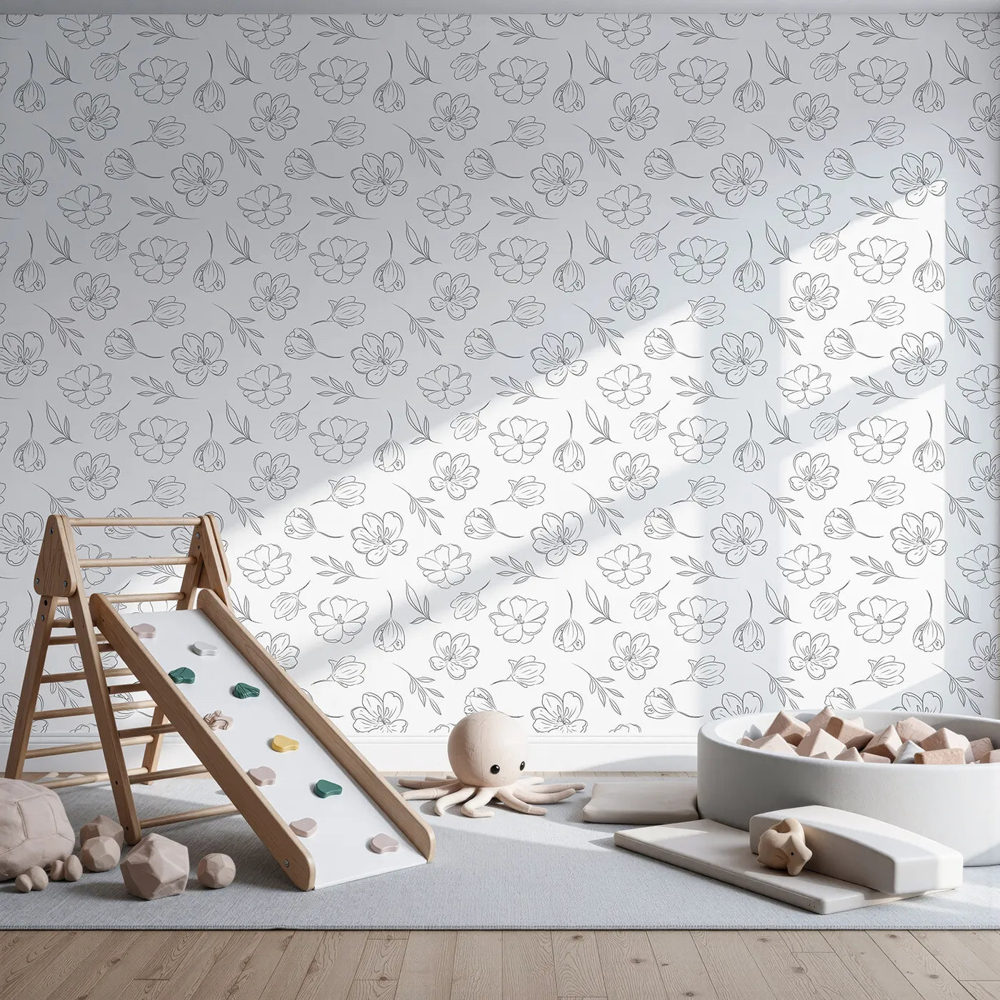 Front view of Whimsy Tots' Petal Outline Bloom Wallpaper in White