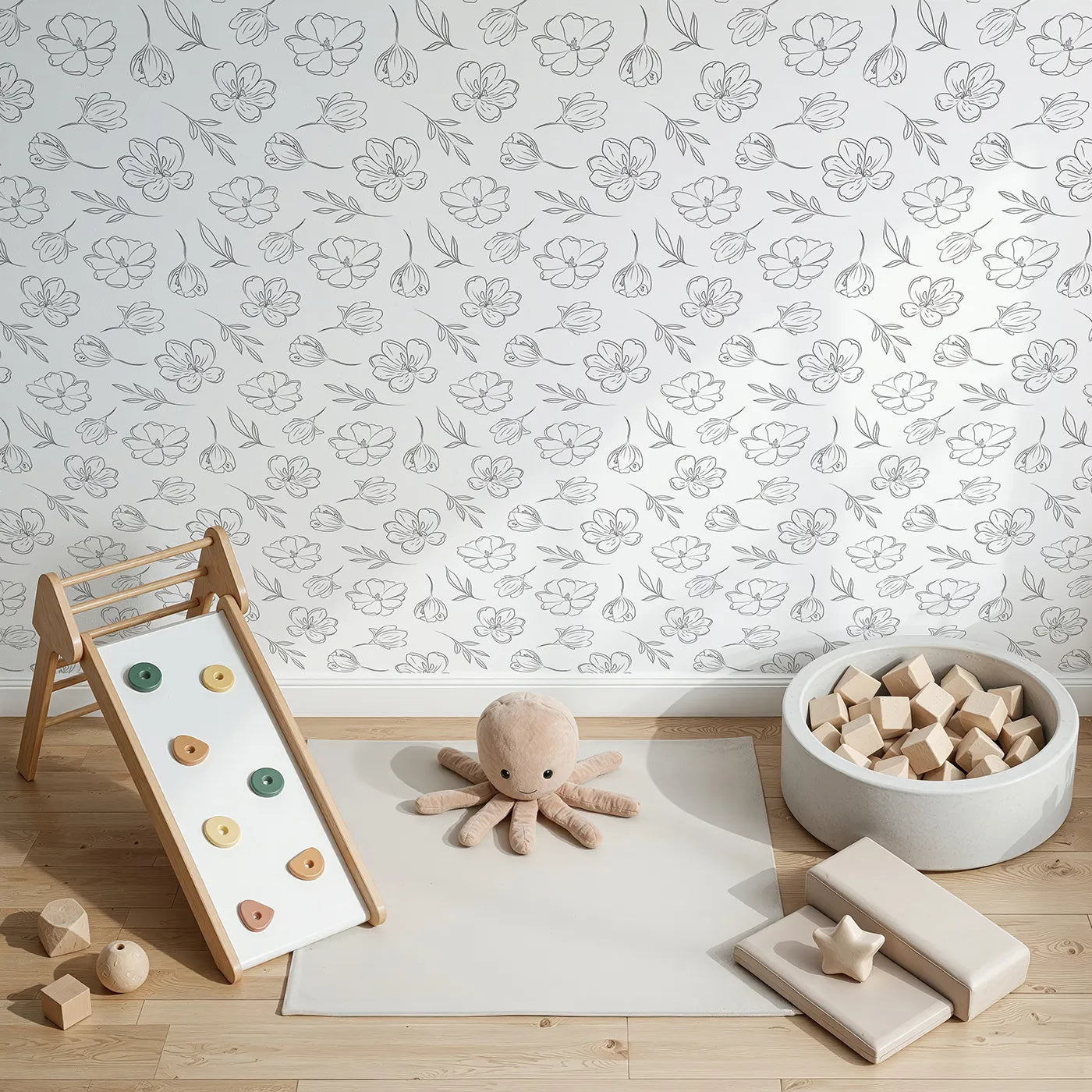 Top-Down view of Whimsy Tots' Petal Outline Bloom Wallpaper in White (W3410A).Elegant blossoms and leafy sprigs dance across a crisp white sky.