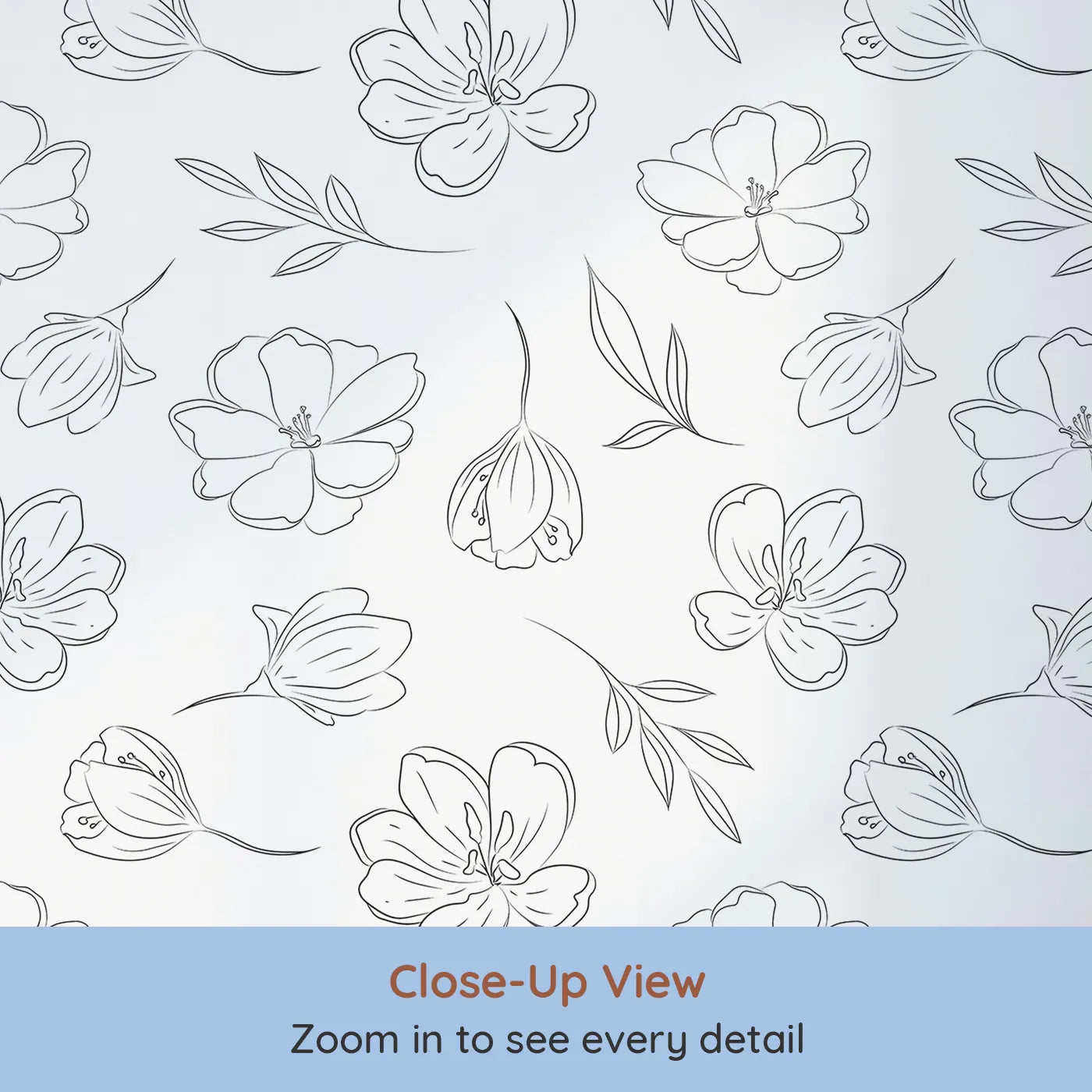 Close-up view of Whimsy Tots' Petal Outline Bloom Wallpaper in White (W3410A).Elegant blossoms and leafy sprigs dance across a crisp white sky.