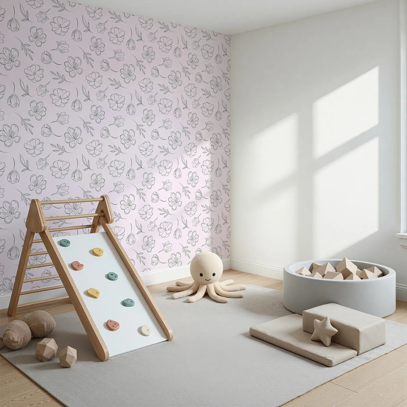 Angled view of Whimsy Tots' Petal Outline Bloom Wallpaper in Blush Pink (W3410B).Graceful floral sketches float across a gentle blush pink sky.