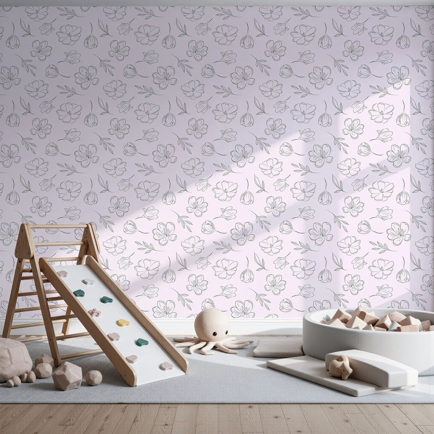Front view of Whimsy Tots' Petal Outline Bloom Wallpaper in Blush Pink