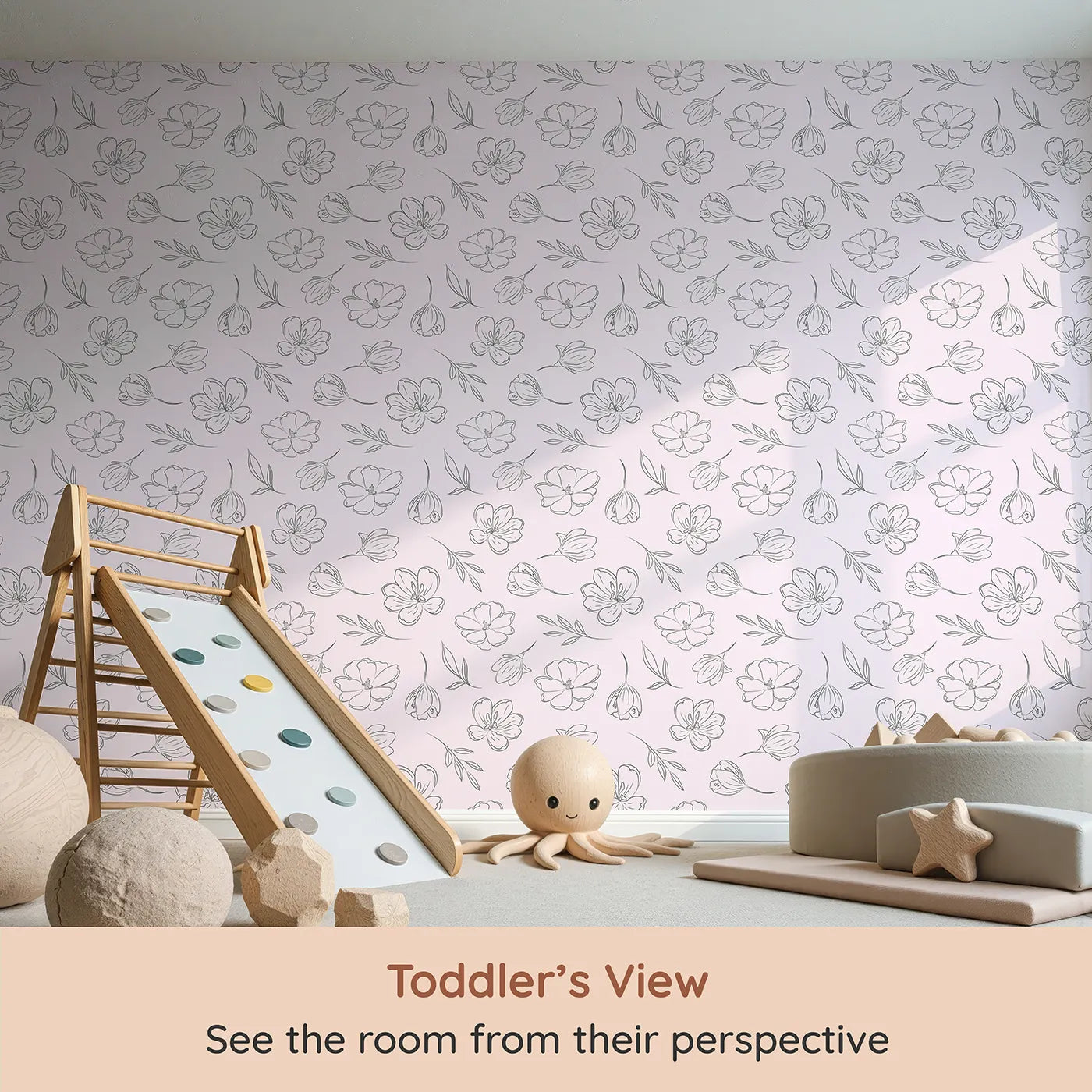 Whimsy Tots Petal Outline Bloom Wallpaper in Blush Pink (W3410B) from your child's view.Graceful floral sketches float across a gentle blush pink sky.