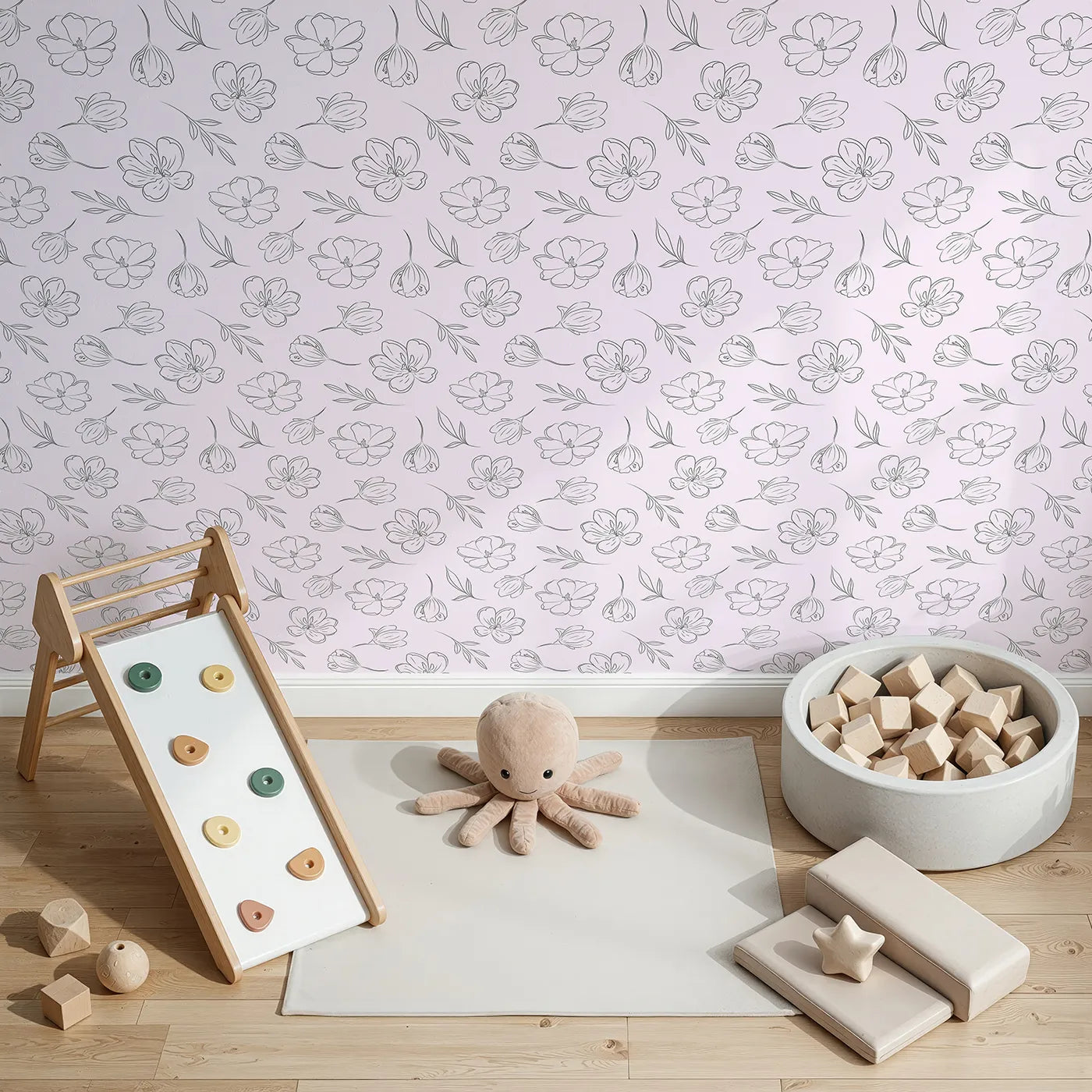 Top-Down view of Whimsy Tots' Petal Outline Bloom Wallpaper in Blush Pink (W3410B).Graceful floral sketches float across a gentle blush pink sky.