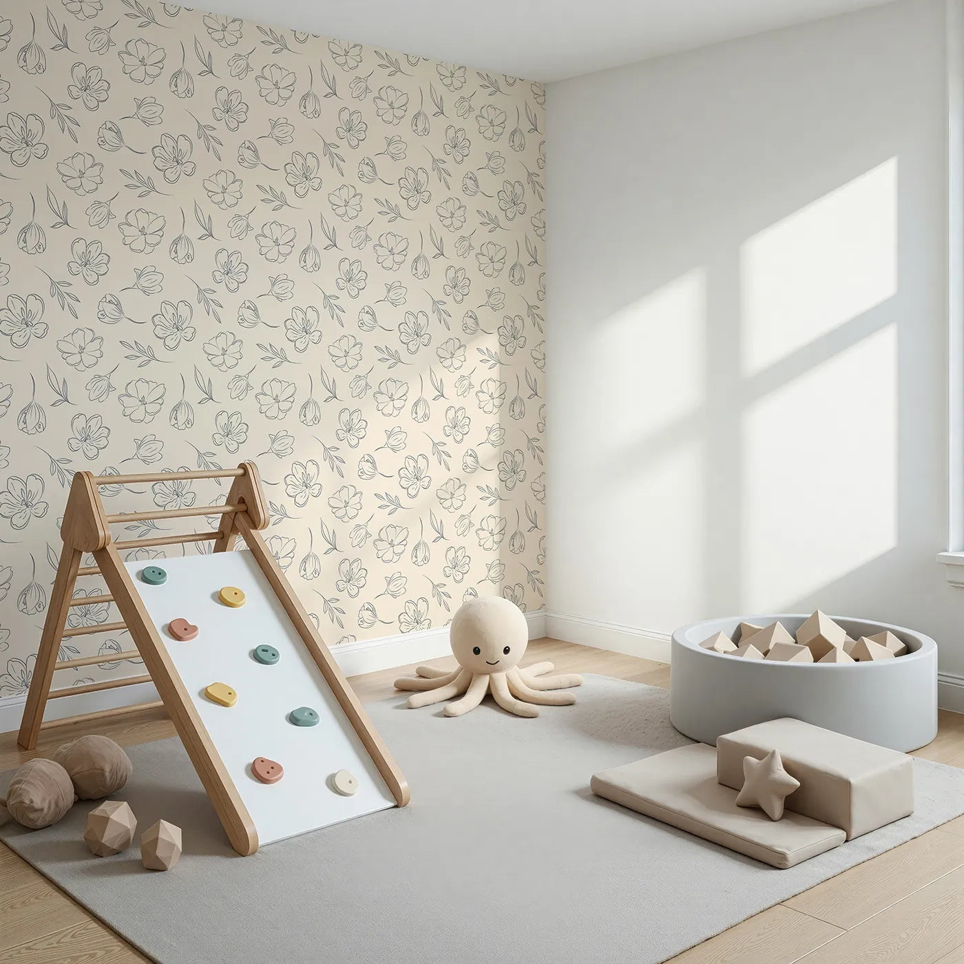 Angled view of Whimsy Tots' Petal Outline Bloom Wallpaper in Sand (W3410C).Line-drawn florals bloom softly across a sandy beige sky.