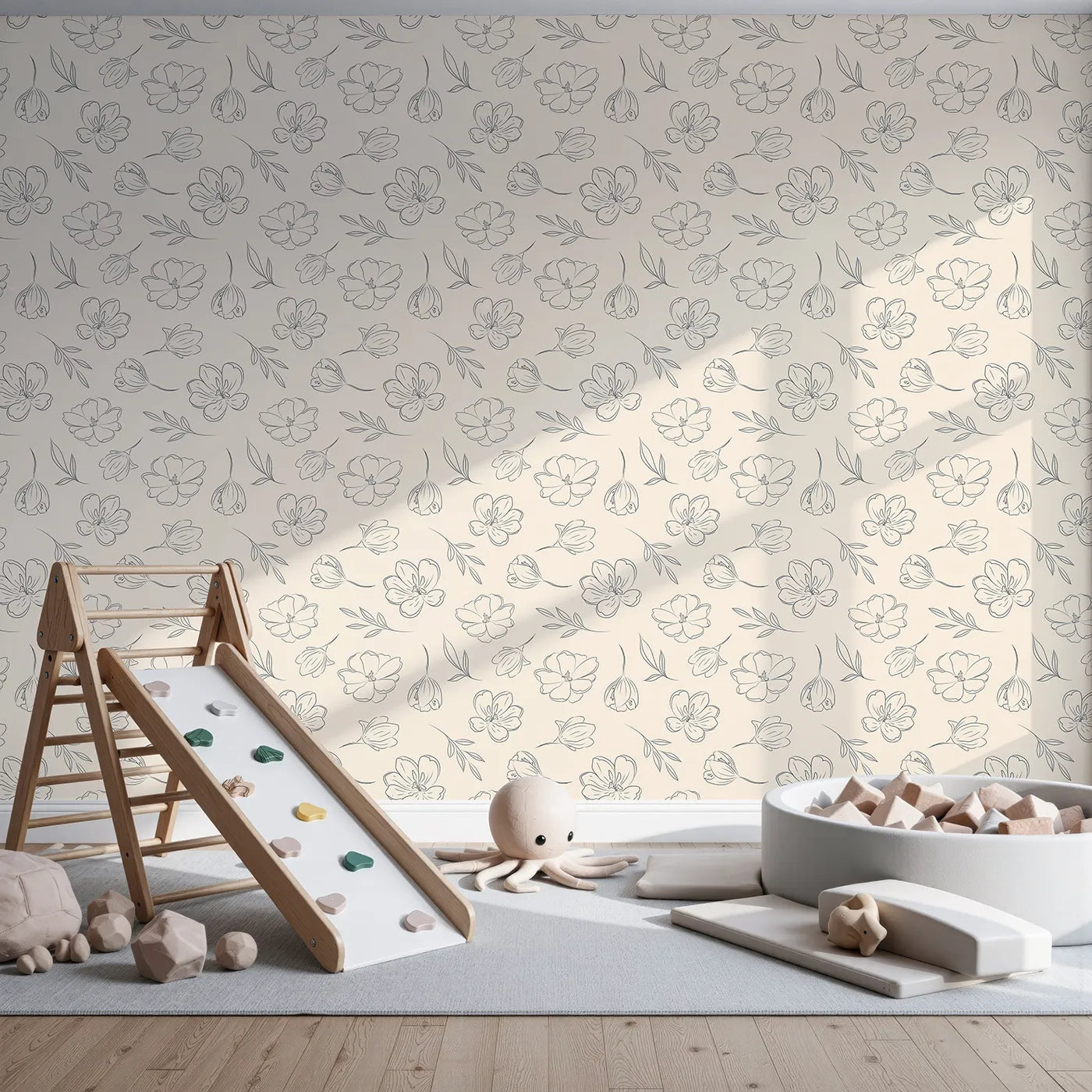 Front view of Whimsy Tots' Petal Outline Bloom Wallpaper in Sand