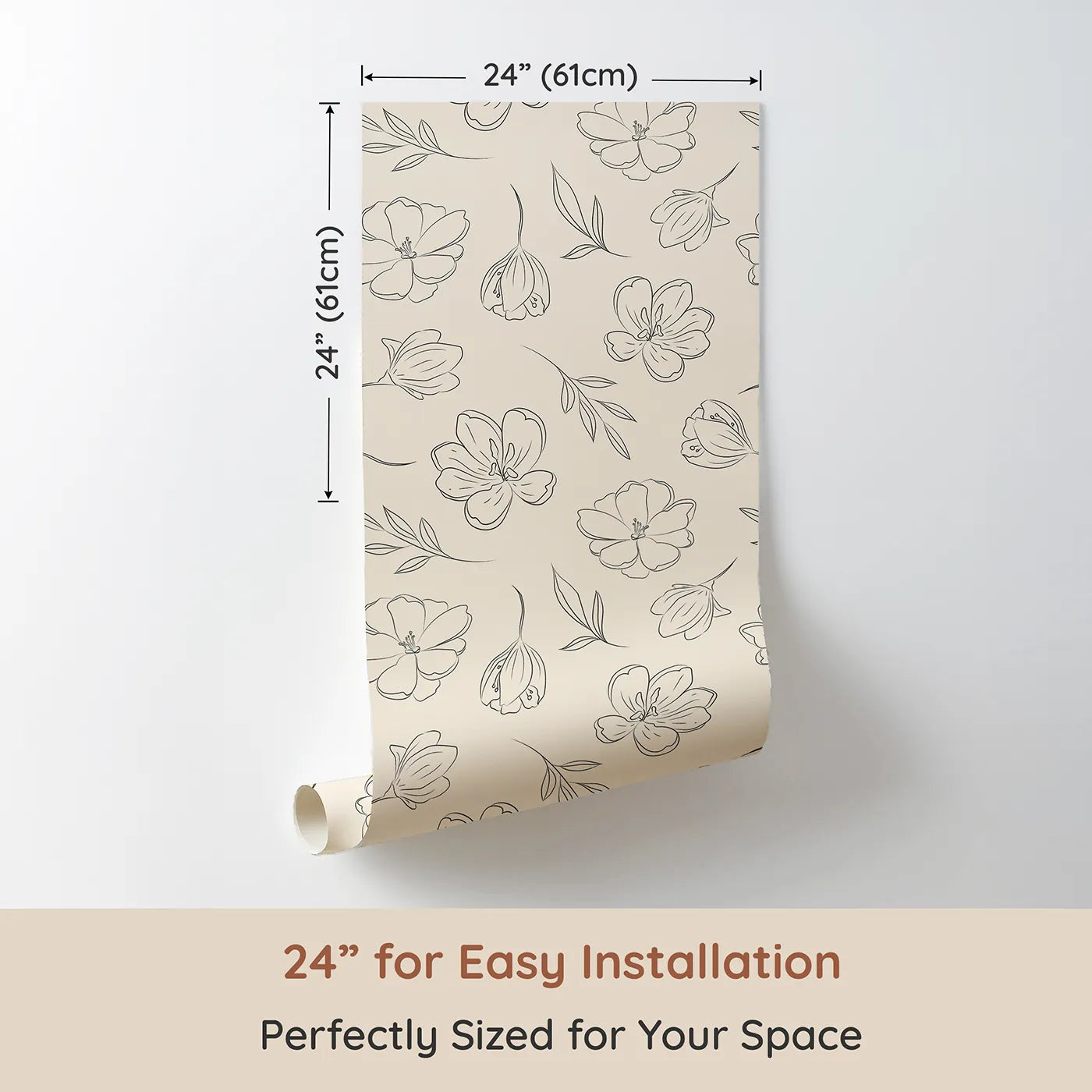 Dimension view of Whimsy Tots Petal Outline Bloom Wallpaper in Sand (W3410C). Printed in 24-inch-wide panel for easy installation. Line-drawn florals bloom softly across a sandy beige sky.