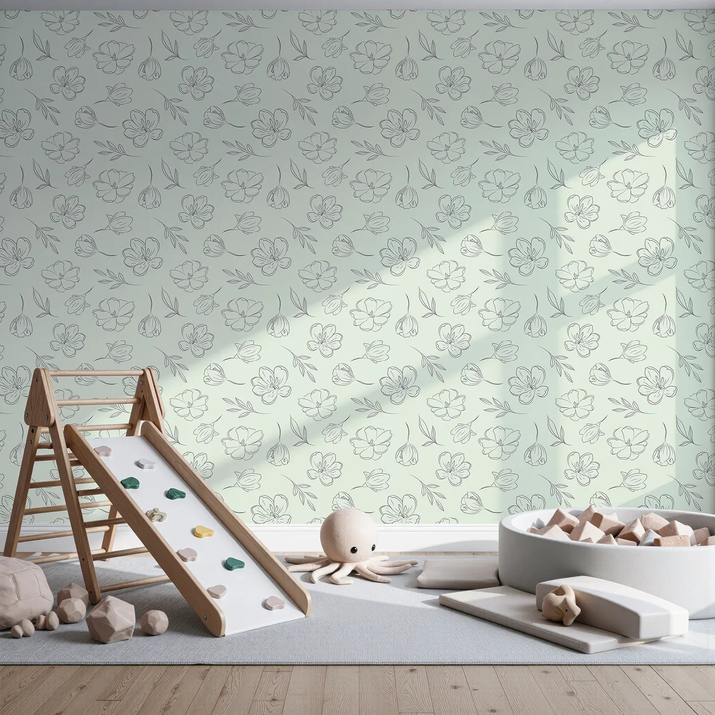 Front view of Whimsy Tots' Petal Outline Bloom Wallpaper in Green