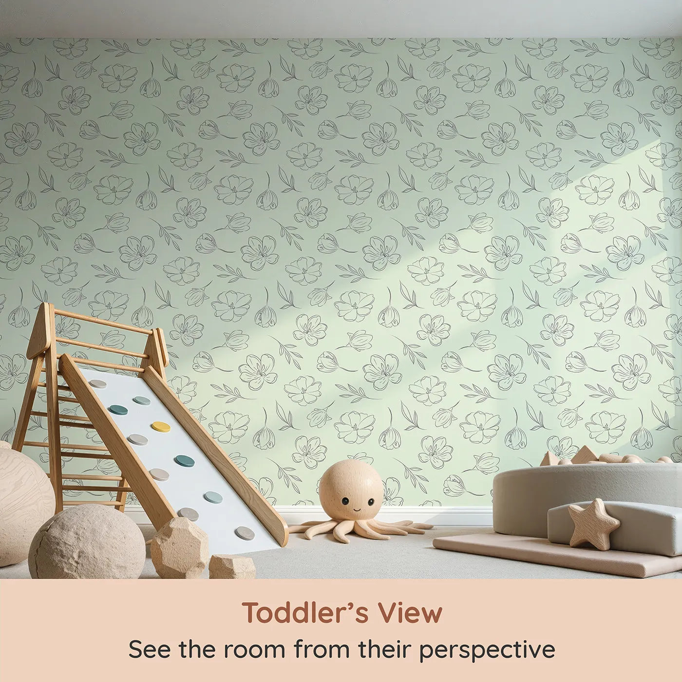 Whimsy Tots Petal Outline Bloom Wallpaper in Green (W3410D) from your child's view.Fine line florals bloom across a soft leafy green sky.