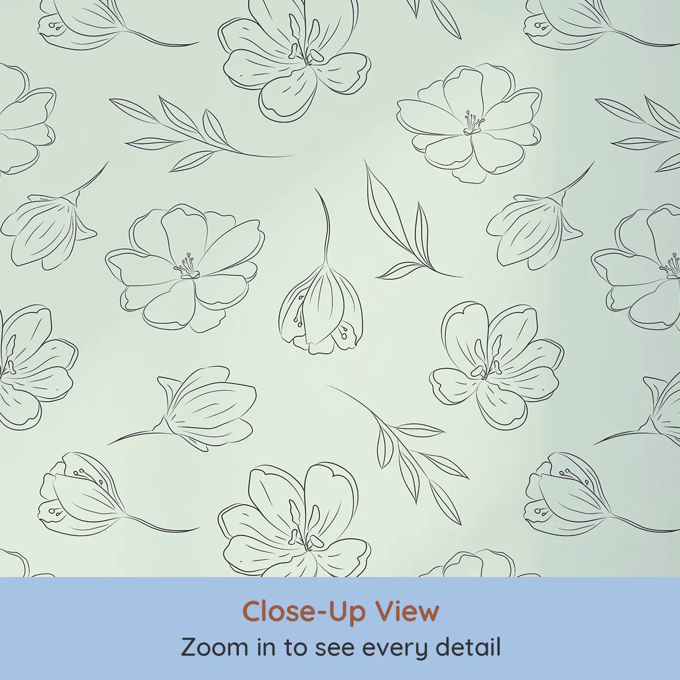 Close-up view of Whimsy Tots' Petal Outline Bloom Wallpaper in Green (W3410D).Fine line florals bloom across a soft leafy green sky.