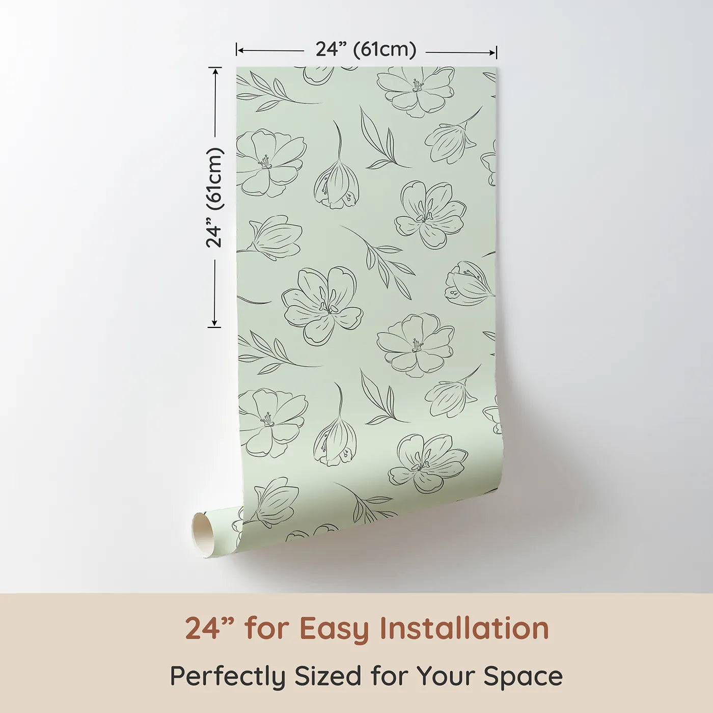 Dimension view of Whimsy Tots Petal Outline Bloom Wallpaper in Green (W3410D). Printed in 24-inch-wide panel for easy installation. Fine line florals bloom across a soft leafy green sky.