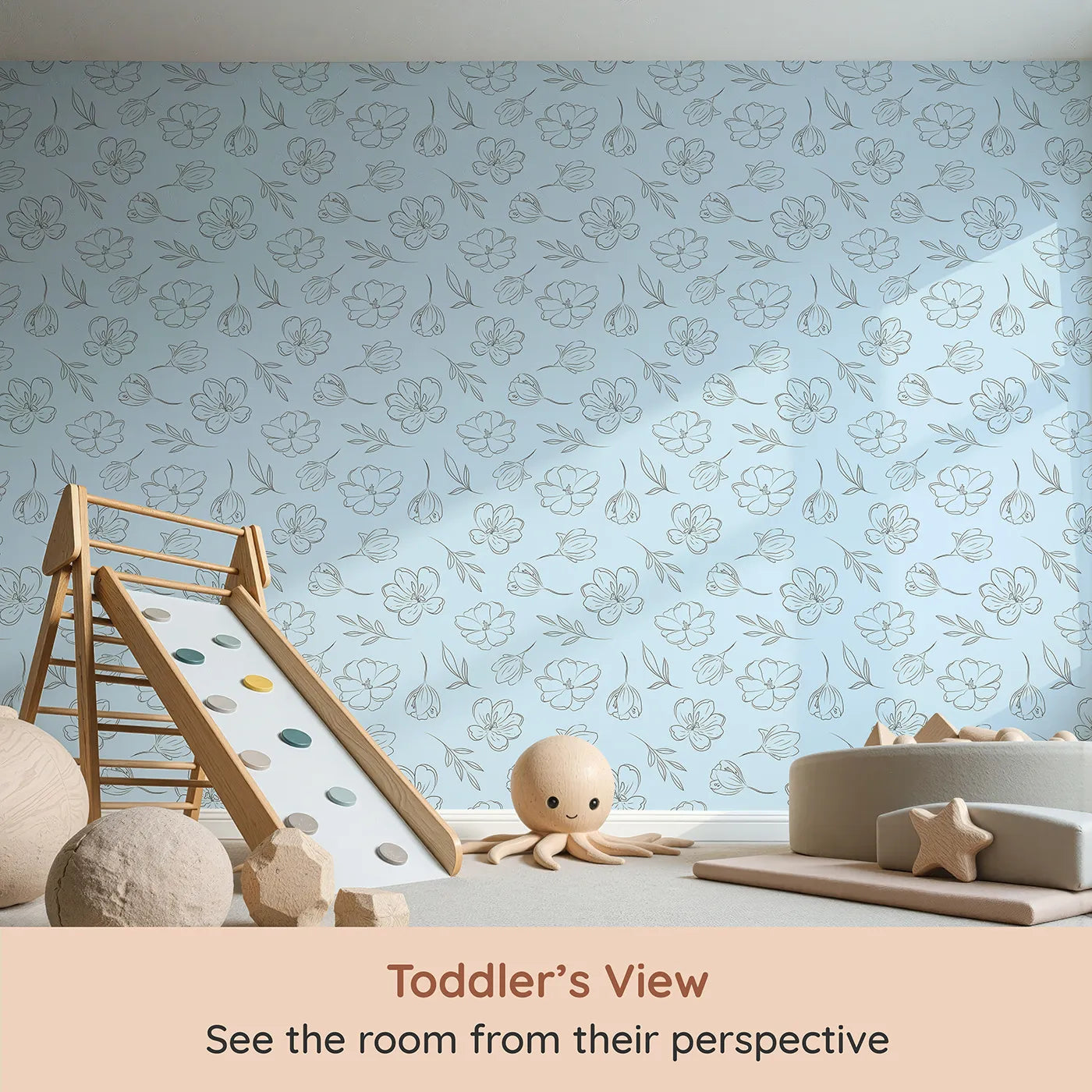Whimsy Tots Petal Outline Bloom II Wallpaper in Sky Blue (W3410E) from your child's view.Elegant floral outlines drift across a cheerful sky blue backdrop.