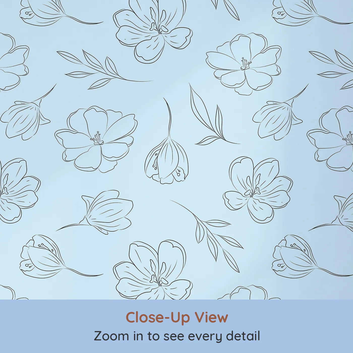 Close-up view of Whimsy Tots' Petal Outline Bloom II Wallpaper in Sky Blue (W3410E).Elegant floral outlines drift across a cheerful sky blue backdrop.