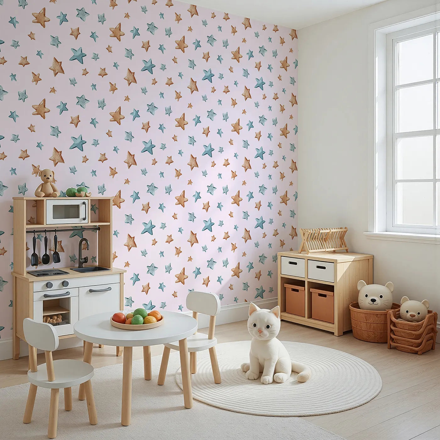 Angled view of Whimsy Tots' Starlight Scribbles Wallpaper in Blush Pink (W3411B).Watercolor stars float sweetly across a soft blush pink sky.