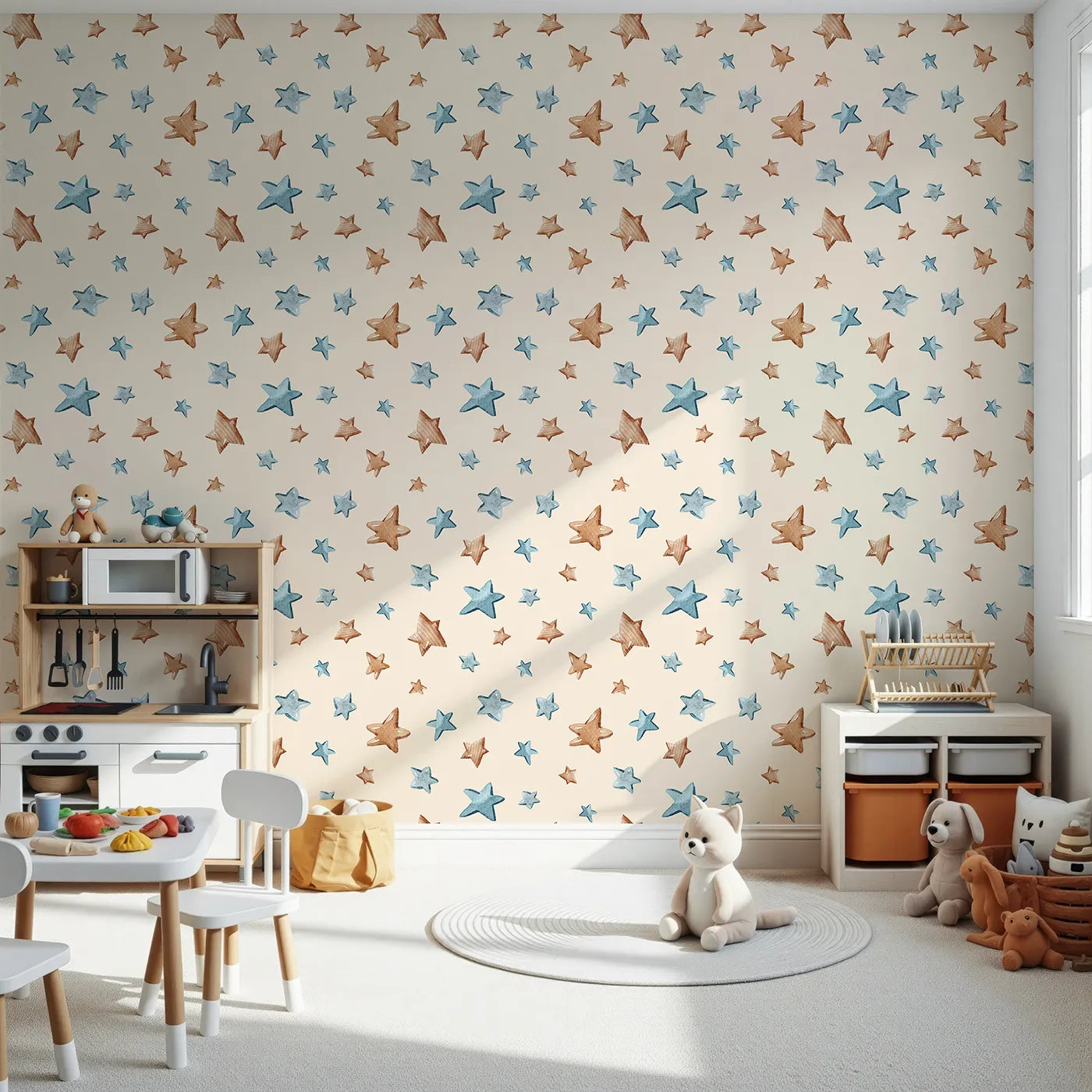 Front view of Whimsy Tots' Starlight Scribbles Wallpaper in Sand