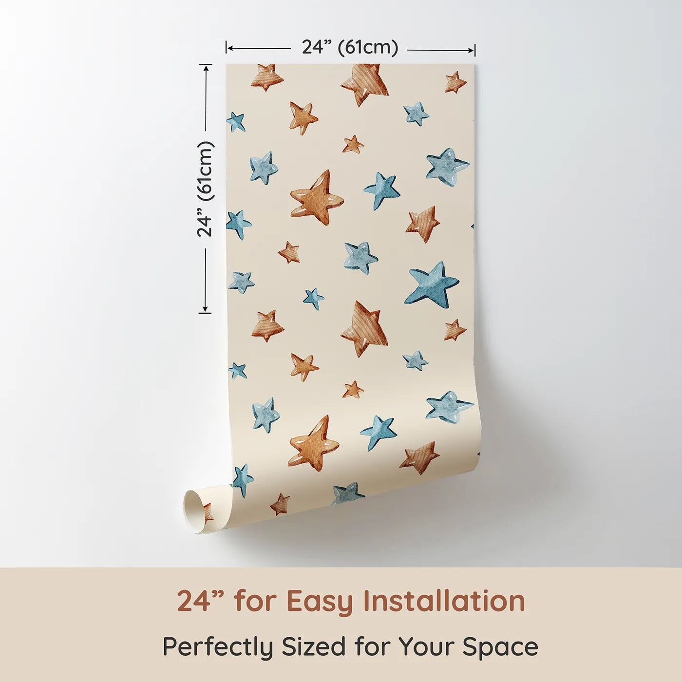 Dimension view of Whimsy Tots Starlight Scribbles Wallpaper in Sand (W3411C). Printed in 24-inch-wide panel for easy installation. Blue and brown stars drift across a soft sand-toned sky.