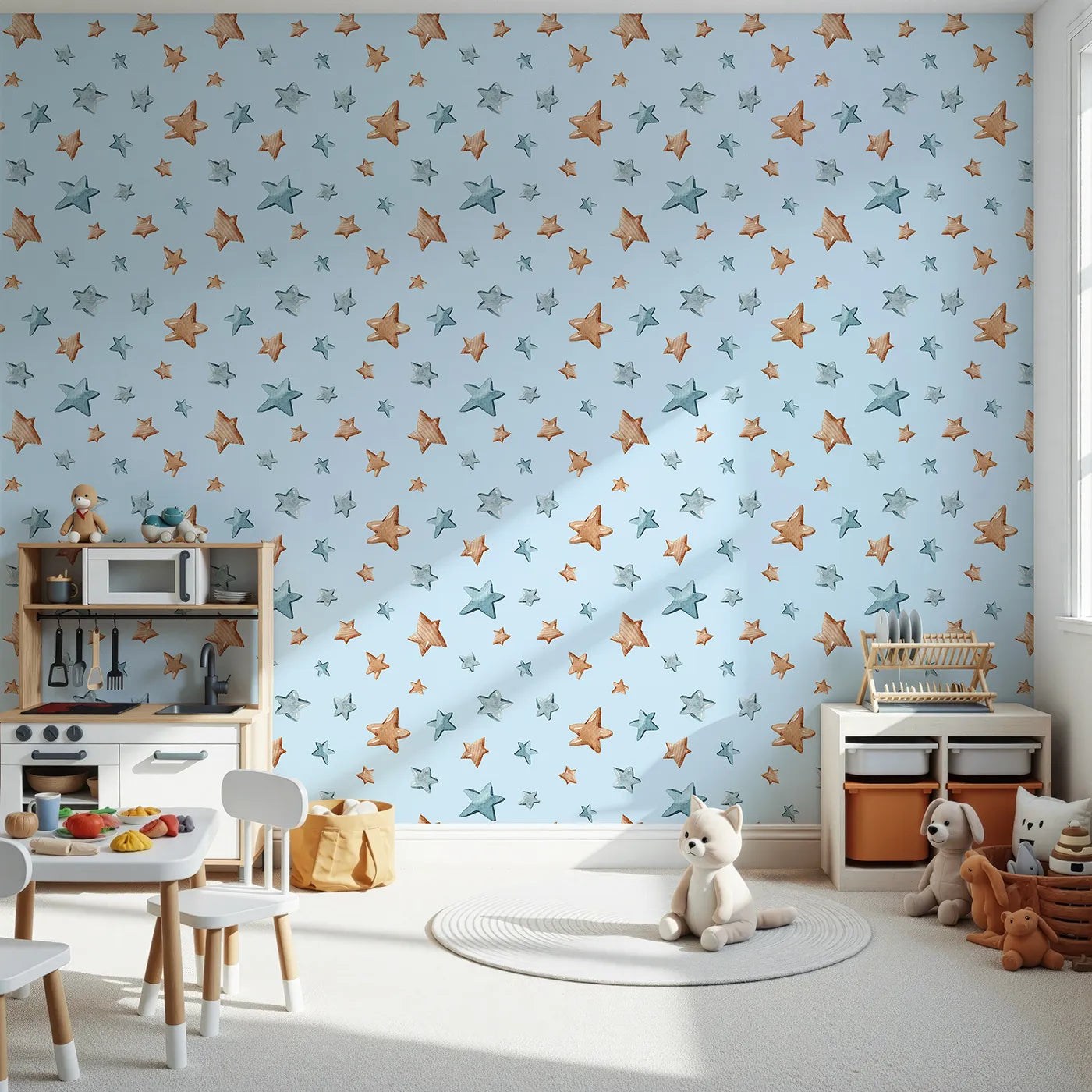Front view of Whimsy Tots' Starlight Scribbles Wallpaper in Blue
