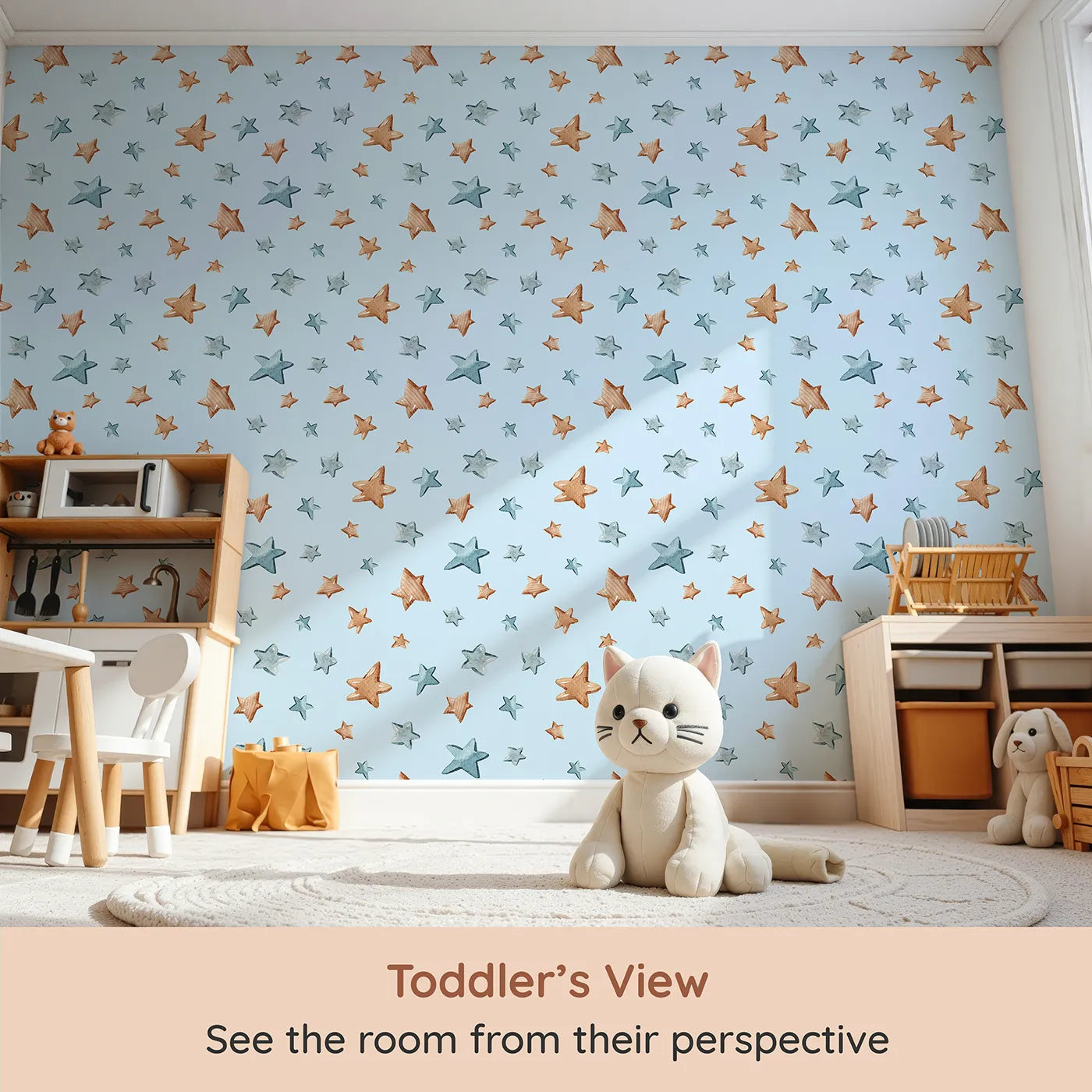 Whimsy Tots Starlight Scribbles Wallpaper in Blue (W3411E) from your child's view.Playful stars twinkle across a cheerful blue sky.