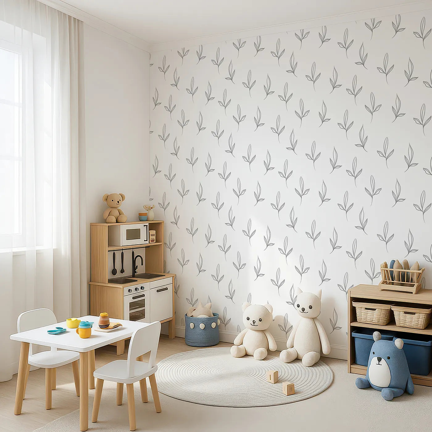 Angled view of Whimsy Tots' Whispering Leaflines Wallpaper in White (W3412A).Graceful leaf sketches sway gently across a clean white sky.