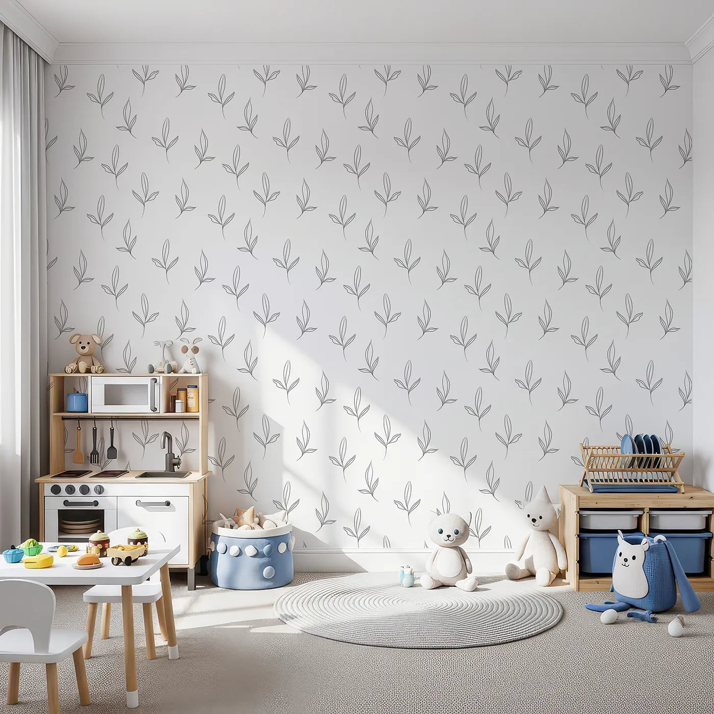 Front view of Whimsy Tots' Whispering Leaflines Wallpaper in White
