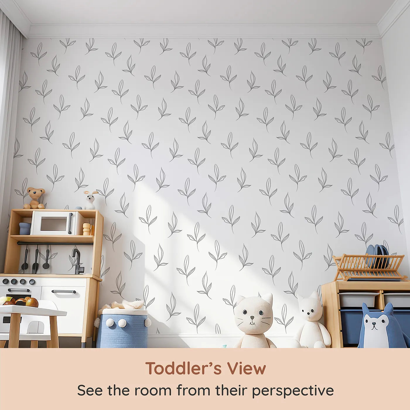 Whimsy Tots Whispering Leaflines Wallpaper in White (W3412A) from your child's view.Graceful leaf sketches sway gently across a clean white sky.