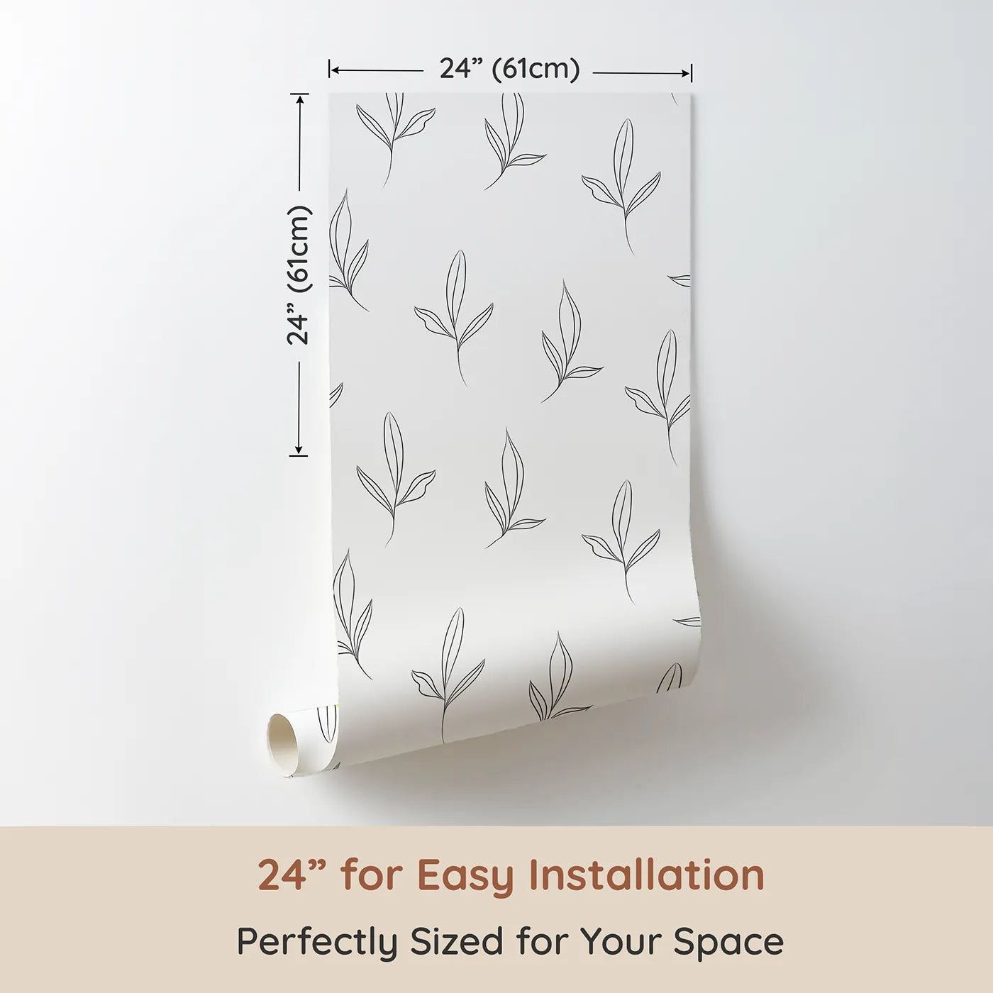 Dimension view of Whimsy Tots Whispering Leaflines Wallpaper in White (W3412A). Printed in 24-inch-wide panel for easy installation. Graceful leaf sketches sway gently across a clean white sky.