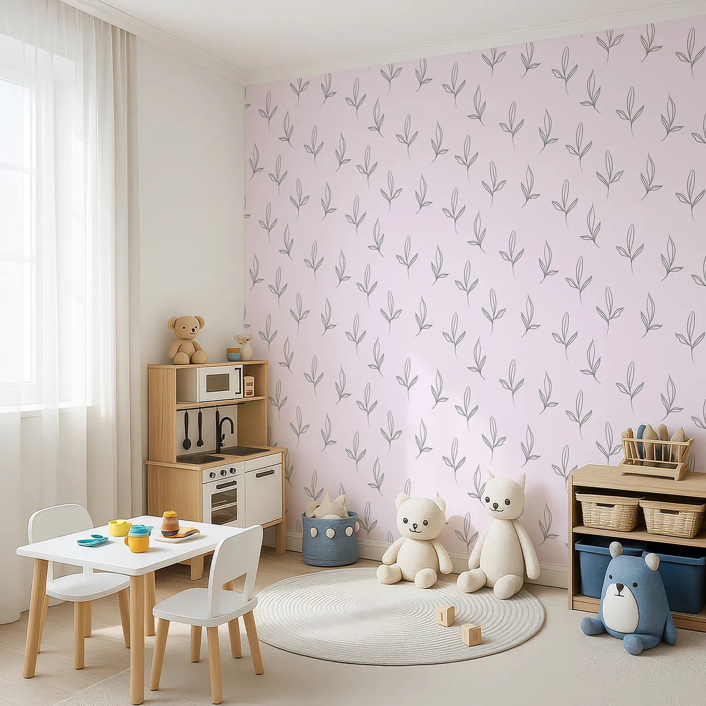 Angled view of Whimsy Tots' Whispering Leaflines Wallpaper in Blush Pink (W3412B).Line-drawn leaves drift gently across a calming blush pink sky.
