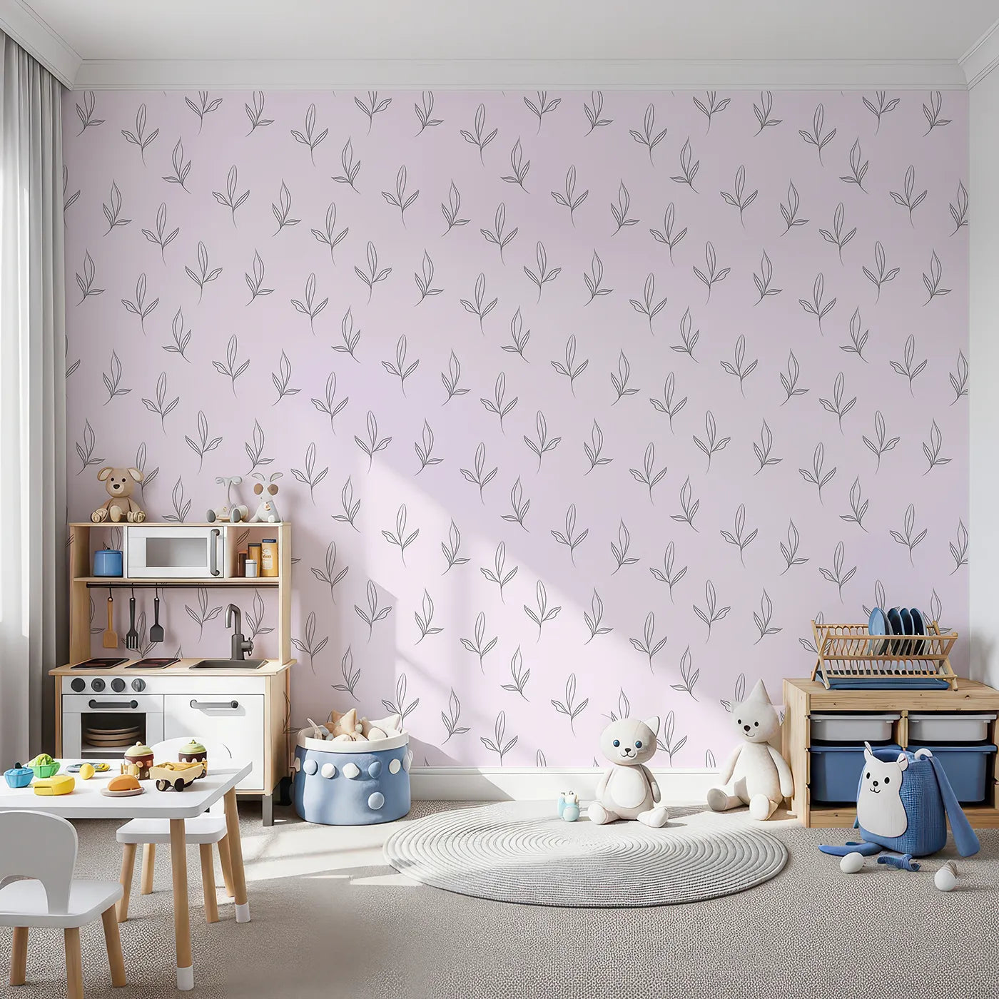 Front view of Whimsy Tots' Whispering Leaflines Wallpaper in Blush Pink