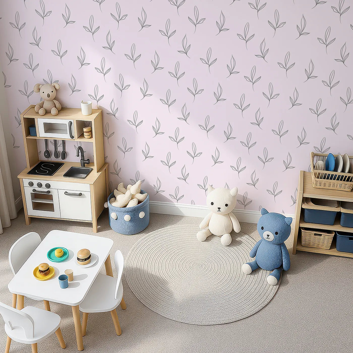 Top-Down view of Whimsy Tots' Whispering Leaflines Wallpaper in Blush Pink (W3412B).Line-drawn leaves drift gently across a calming blush pink sky.