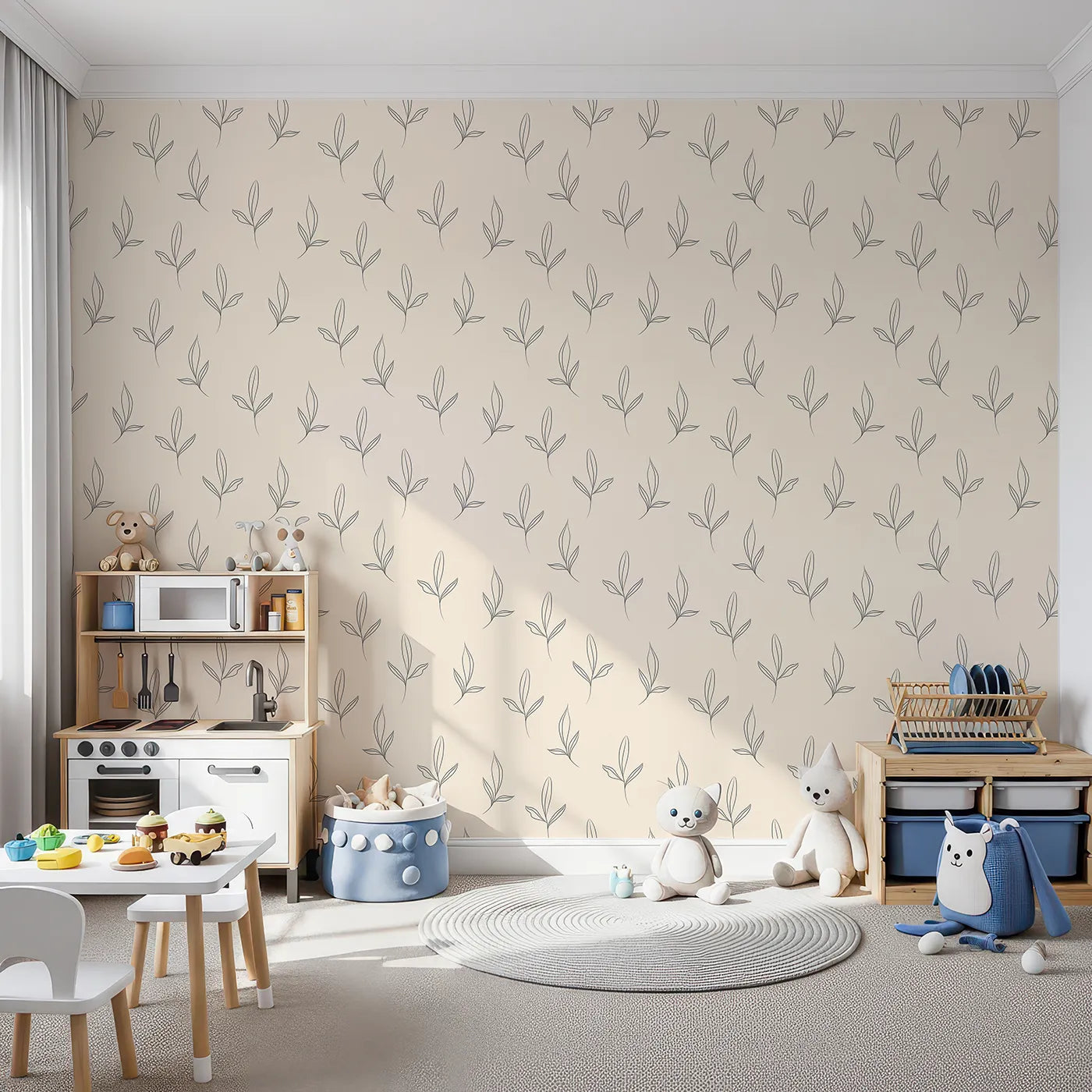 Front view of Whimsy Tots' Whispering Leaflines Wallpaper in Sand